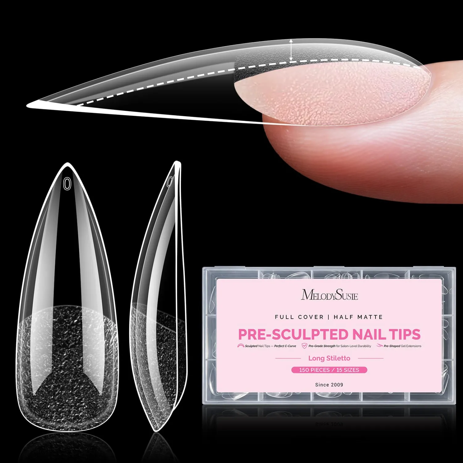 MelodySusie Long Stiletto Apex Nail Tips, 15 Sizes 150Pcs