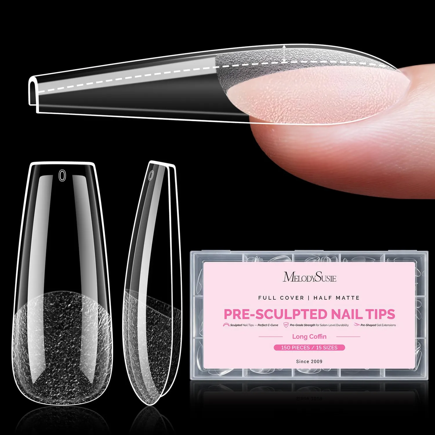 MelodySusie Long Coffin Apex Nail Tips, 15 Sizes 150Pcs