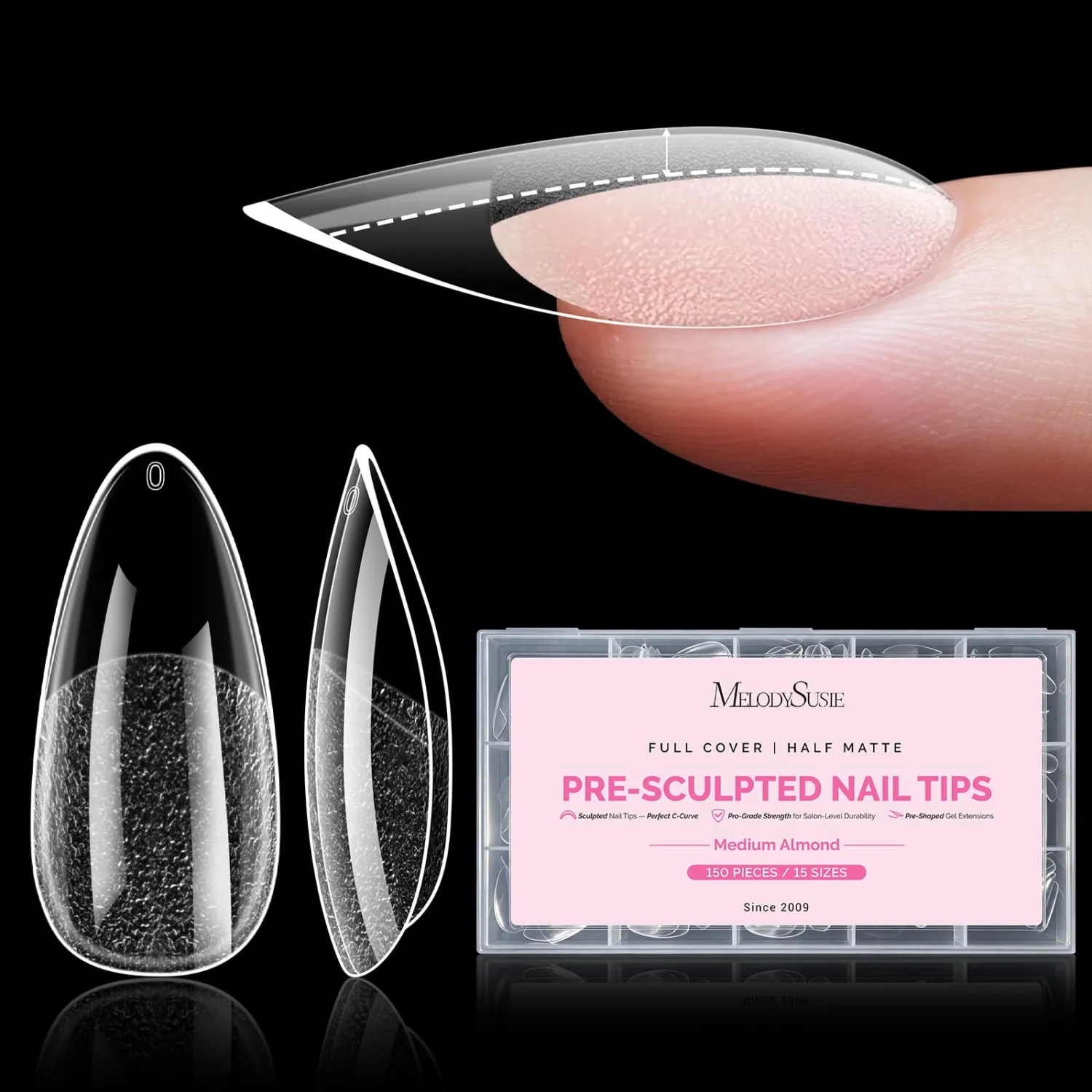 MelodySusie Medium Almond Apex Nail Tips, 15 Sizes 150Pcs