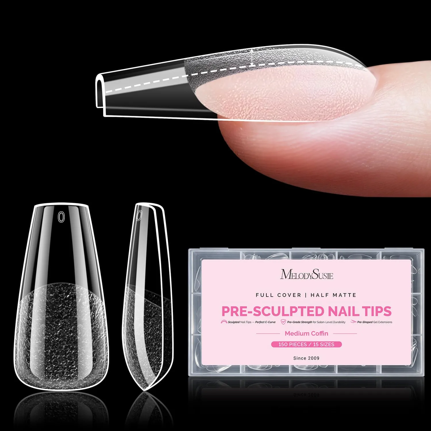 MelodySusie Medium Coffin Apex Nail Tips, 15 Sizes 150Pcs