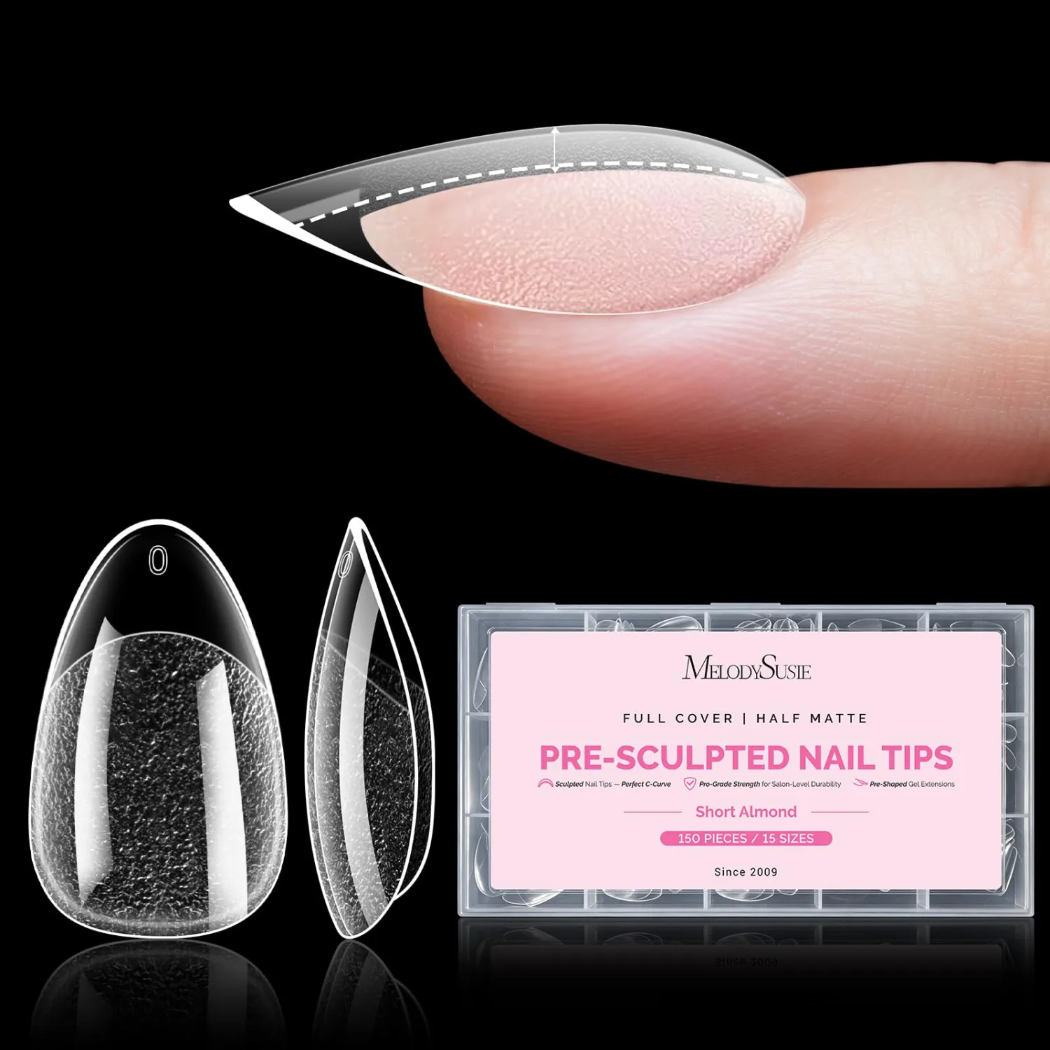 MelodySusie Short Almond Apex Nail Tips, 15 Sizes 150Pcs