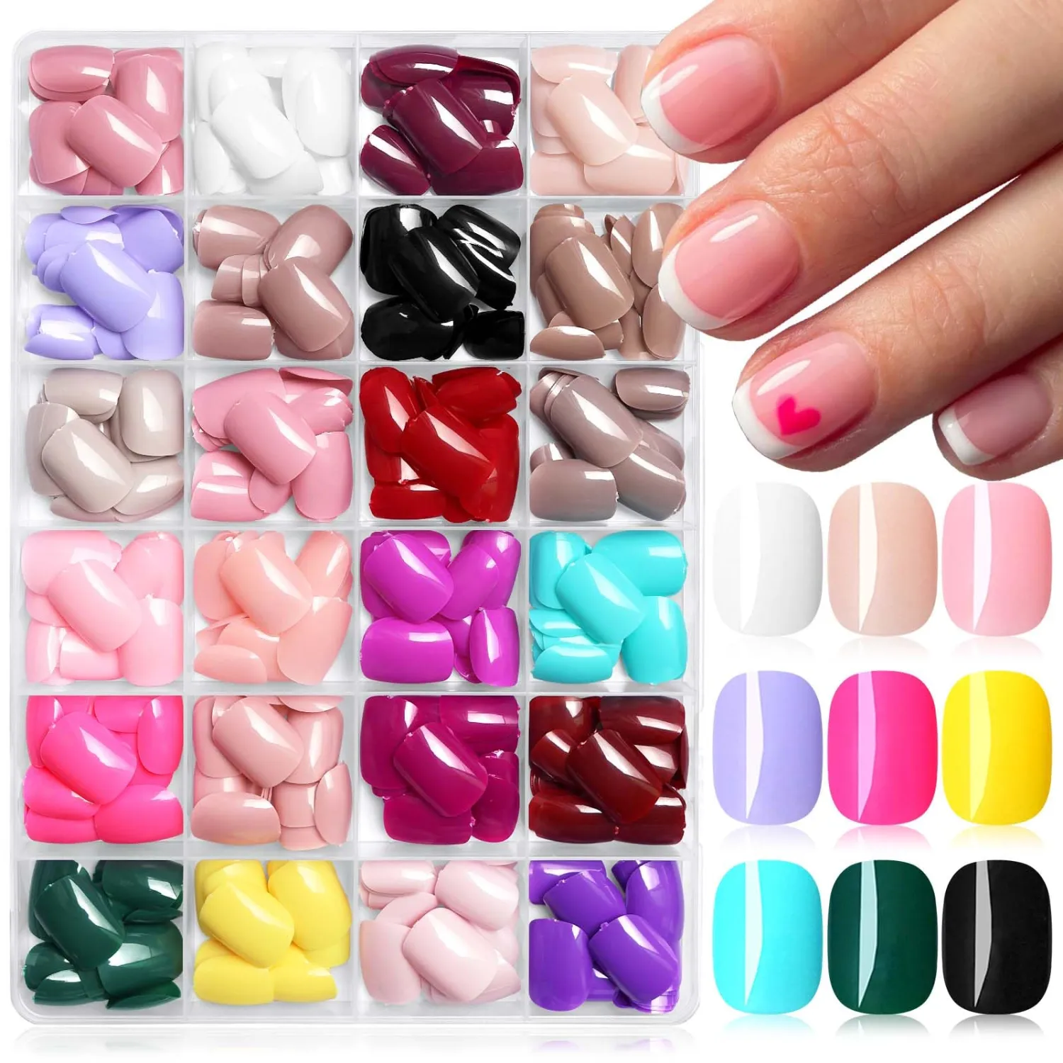 576pc XS Round Square Press on Nails Short Fake Nails with Tab