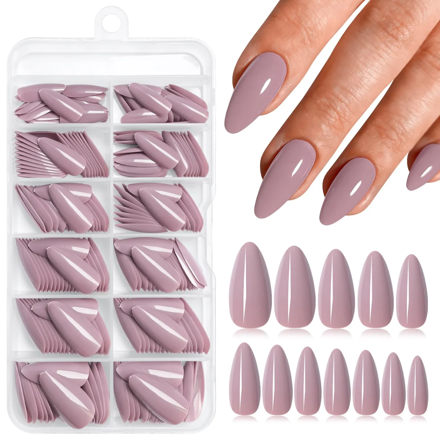 Medium Almond Press on Nails,Gray Nude Fake Nails,240pcs