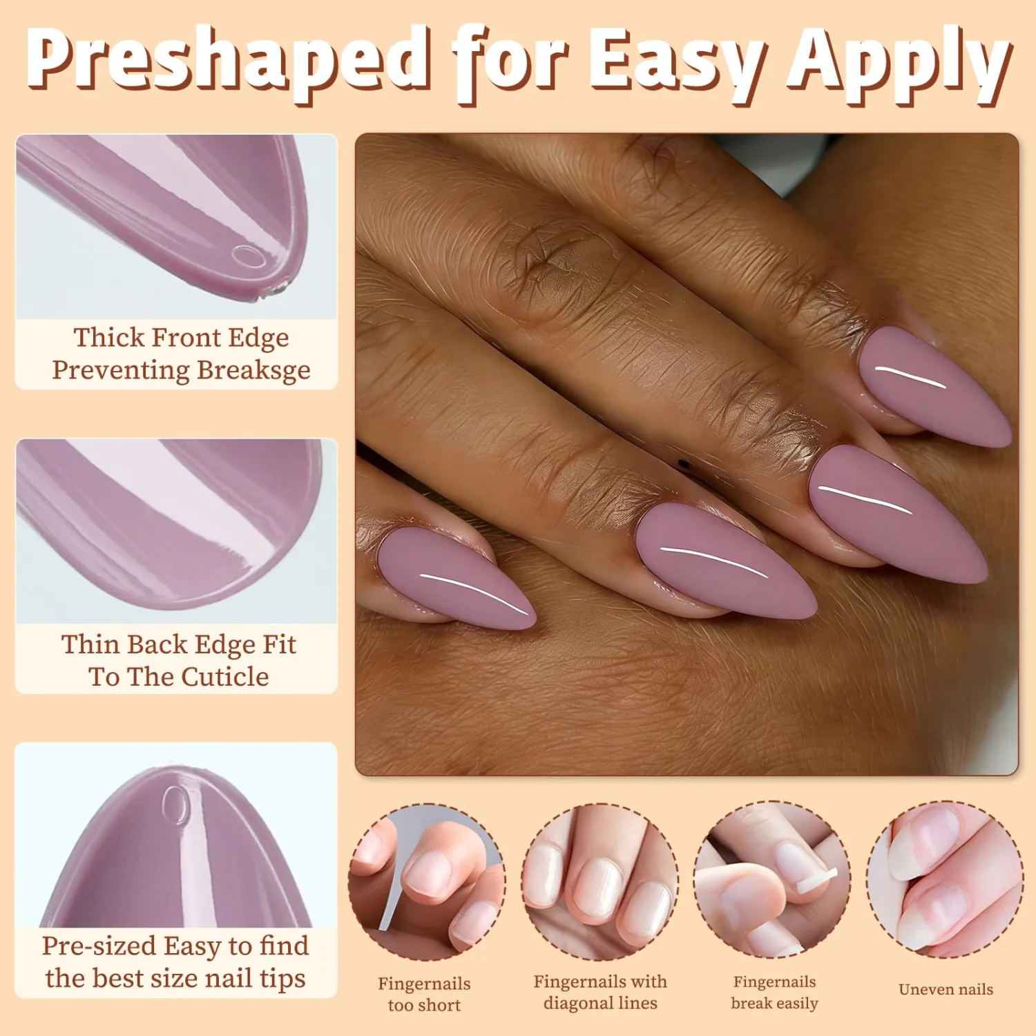 Medium Almond Press on Nails,Gray Nude Fake Nails,240pcs