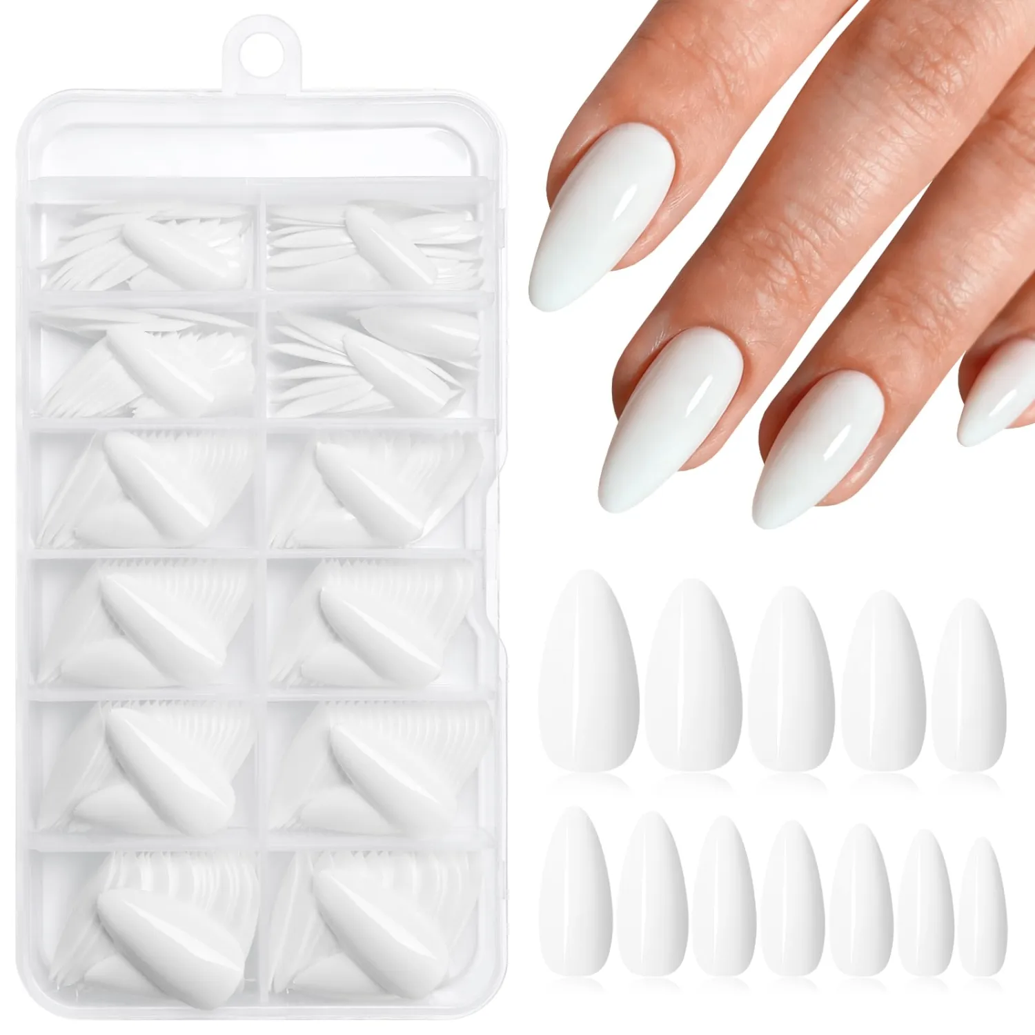 Medium Almond Press on Nails,White Fake Nails,240pcs