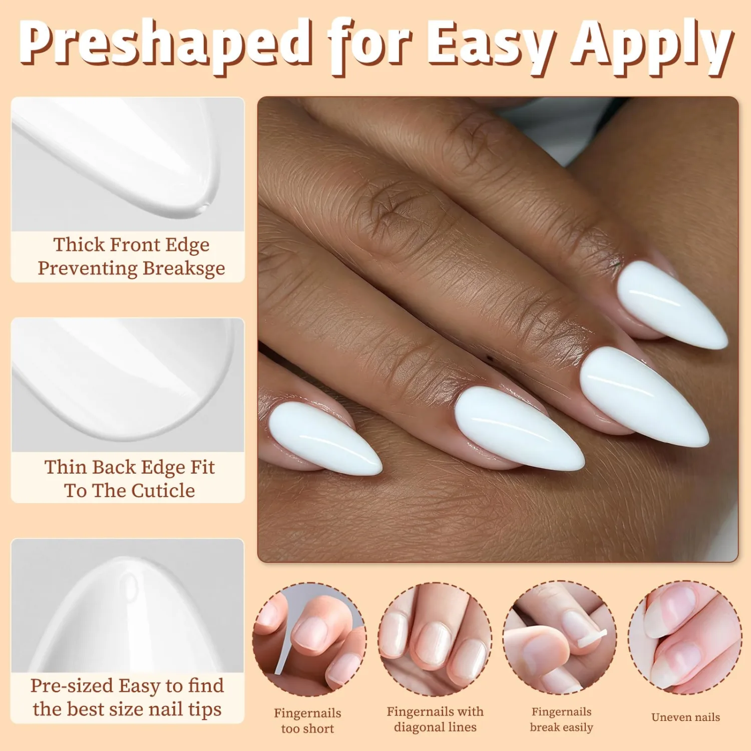 Medium Almond Press on Nails,White Fake Nails,240pcs