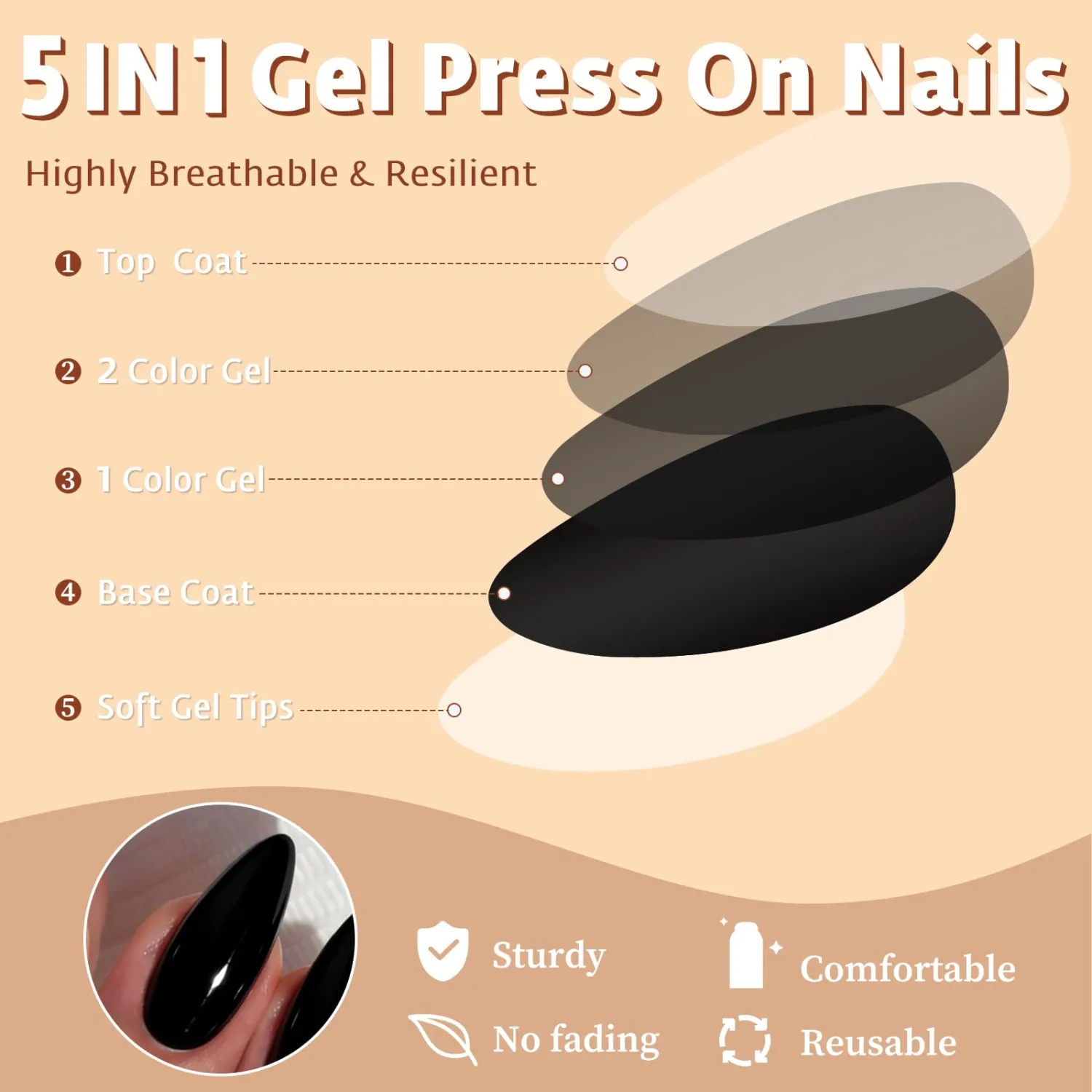 Medium Almond Press on Nails,Black Fake Nails,240pcs
