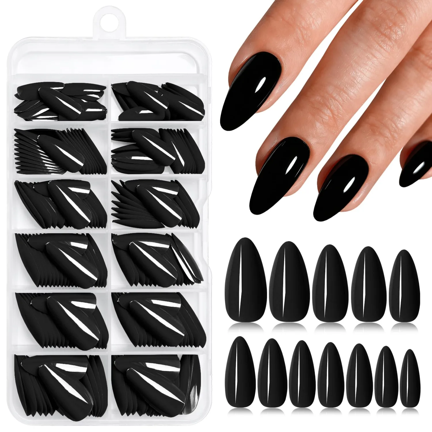 Medium Almond Press on Nails,Black Fake Nails,240pcs
