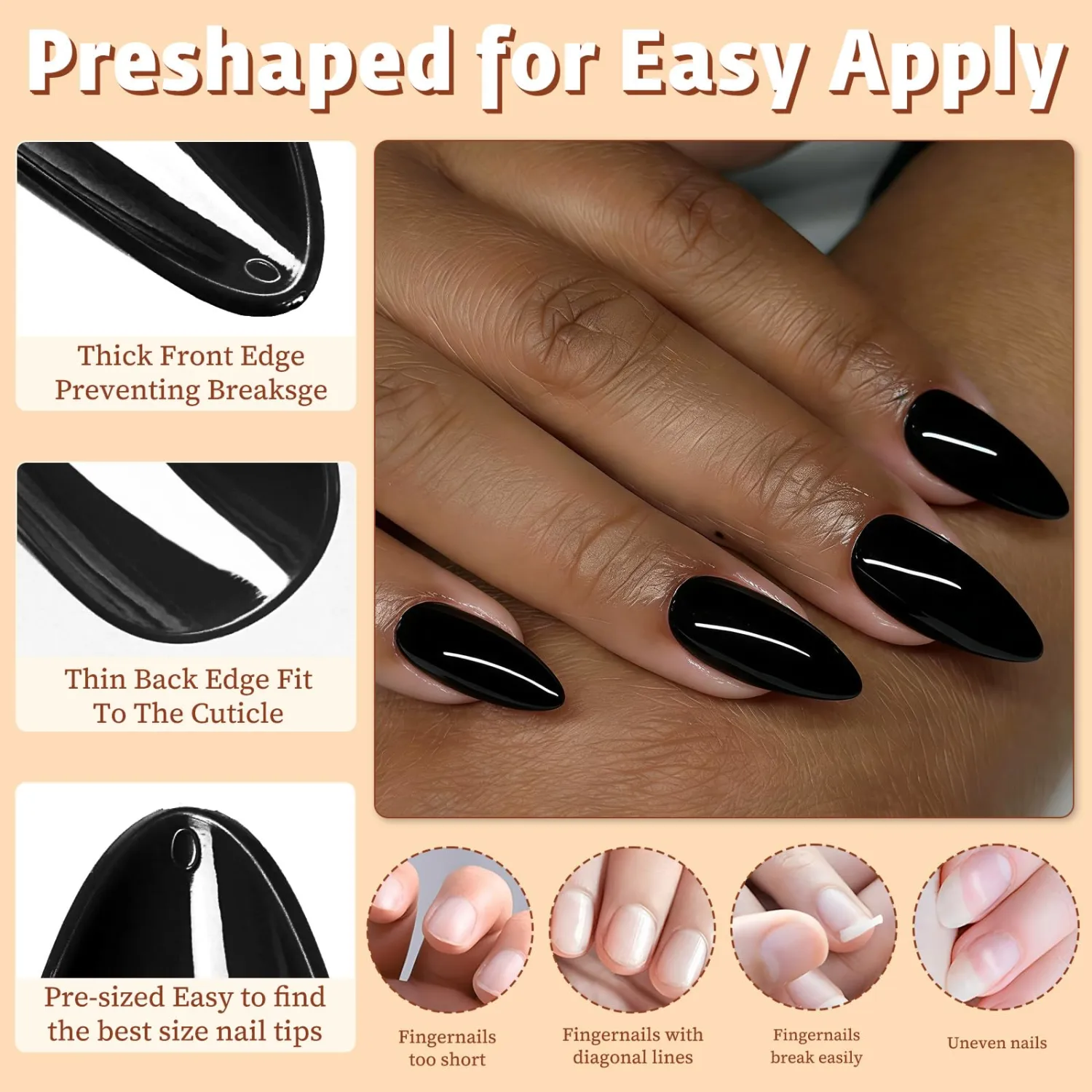 Medium Almond Press on Nails,Black Fake Nails,240pcs