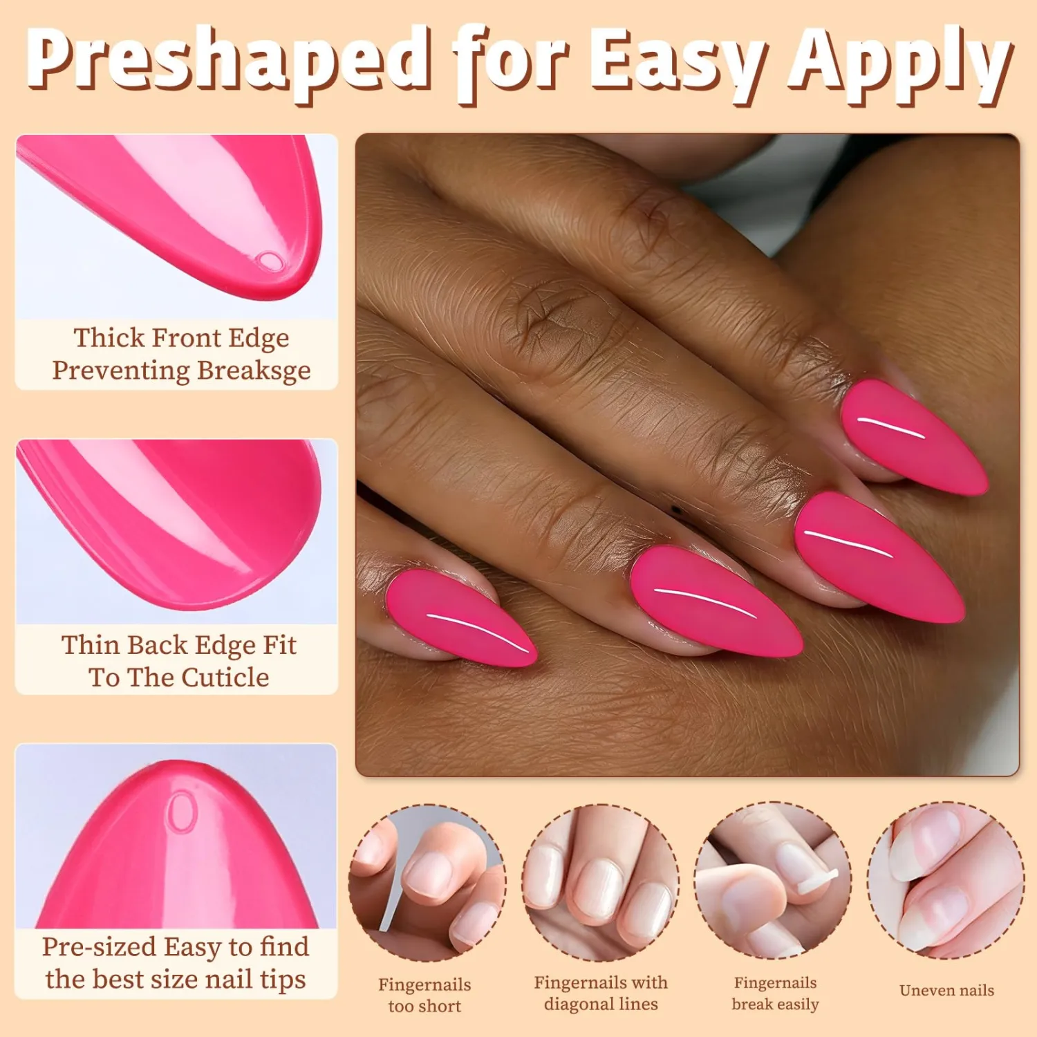 Medium Almond Press on Nails,Hot Pink Fake Nails,240pcs