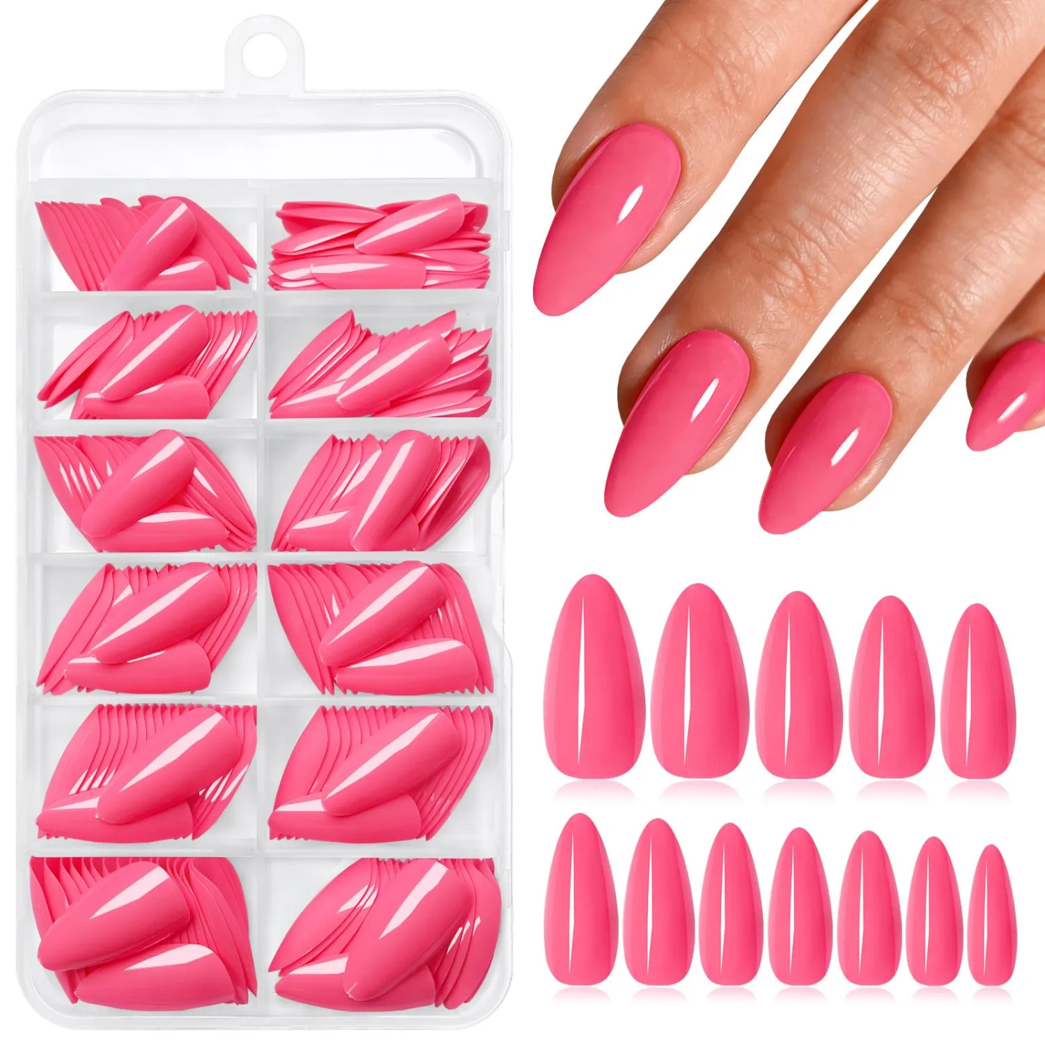 Medium Almond Press on Nails,Hot Pink Fake Nails,240pcs