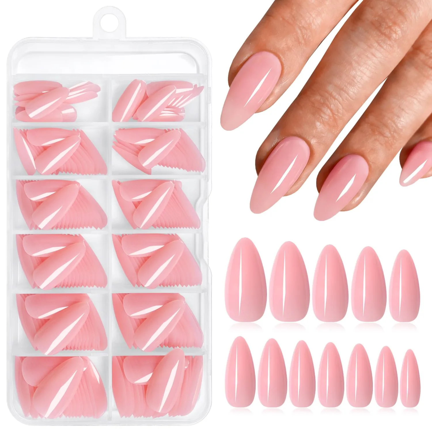 Medium Almond Press on Nails,Jelly Pink Fake Nails,240pcs