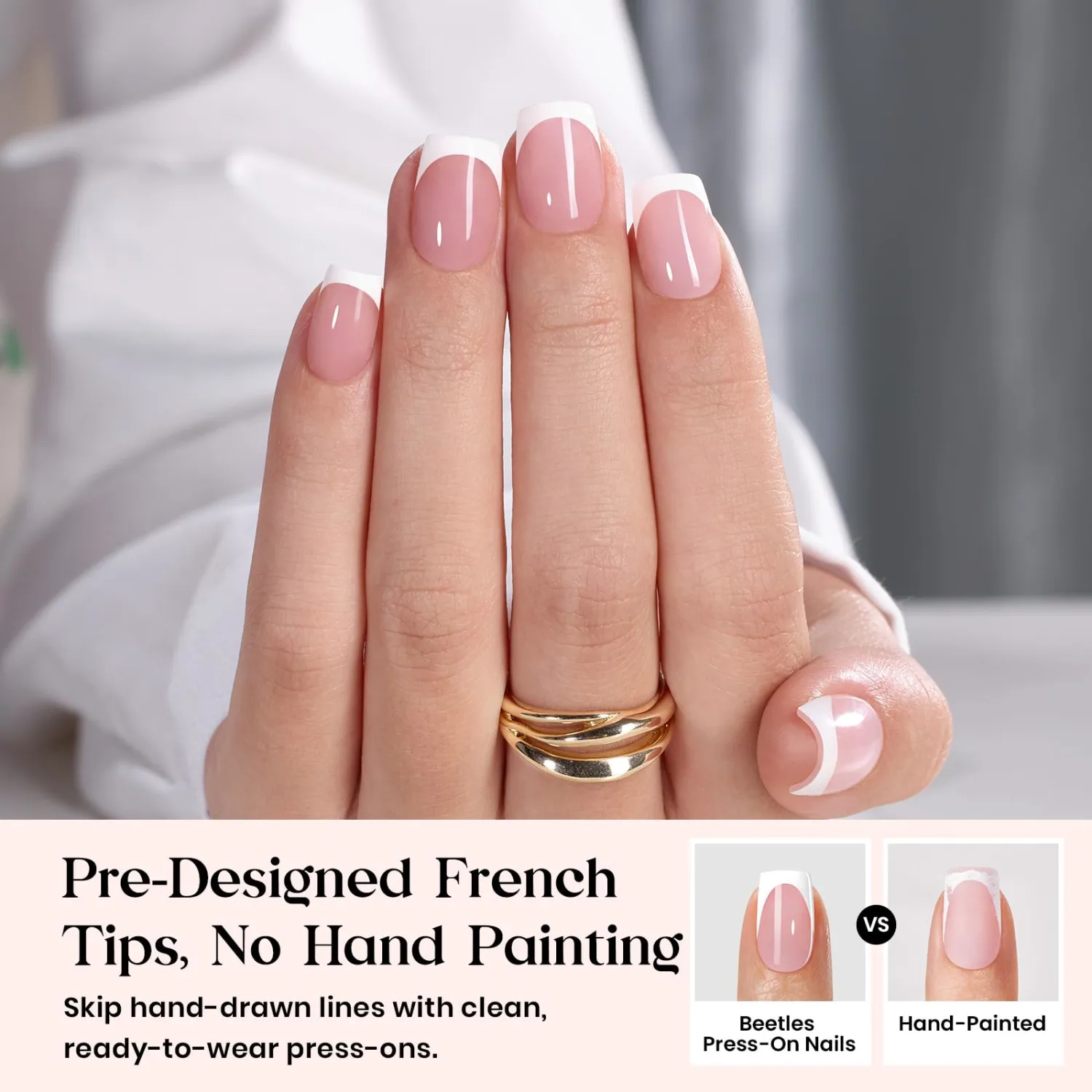 Beetles French Tip Press On Nails, Short Square, 90 Pcs, 15 Sizes