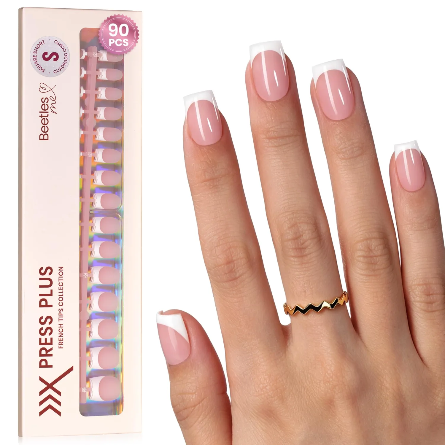 Beetles French Tip Press On Nails, Short Square, 90 Pcs, 15 Sizes