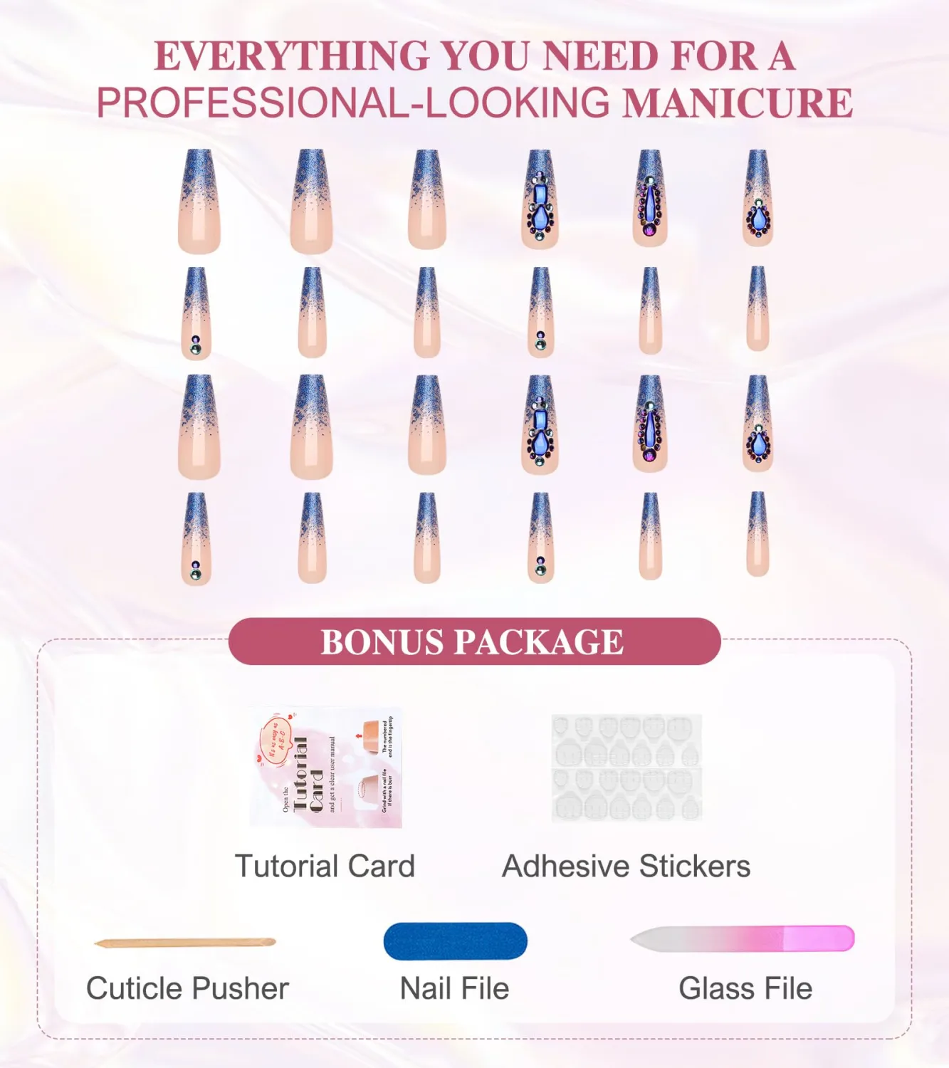 Blue Press On Nails - Long, Luxurious Glue On Nails with Gems, Semi-Transparent Nude Stick On Nails, Handmade Gel Fake Nails in 12 Sizes, 24PCS | Top Coat Added