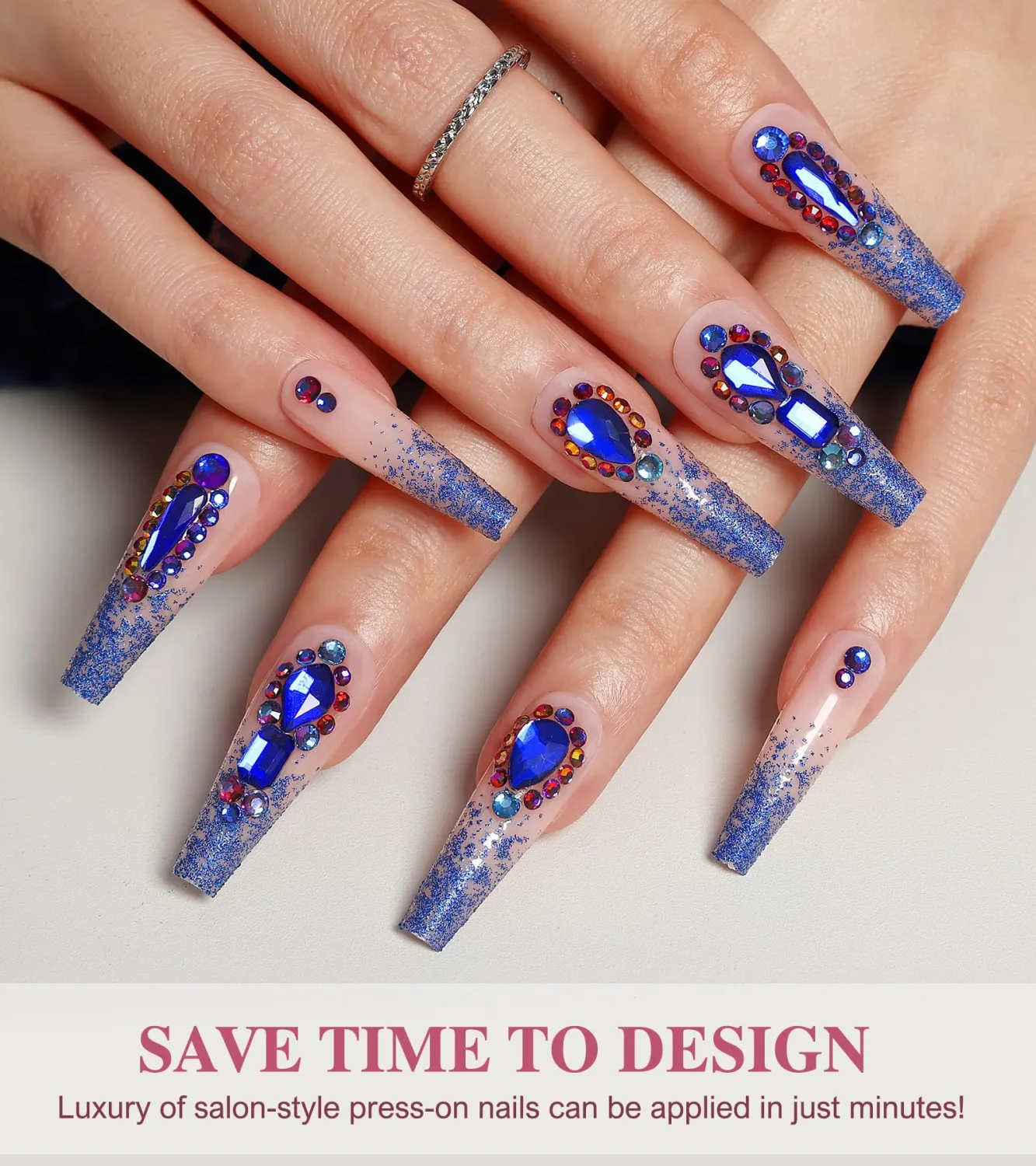 Blue Press On Nails - Long, Luxurious Glue On Nails with Gems, Semi-Transparent Nude Stick On Nails, Handmade Gel Fake Nails in 12 Sizes, 24PCS | Top Coat Added
