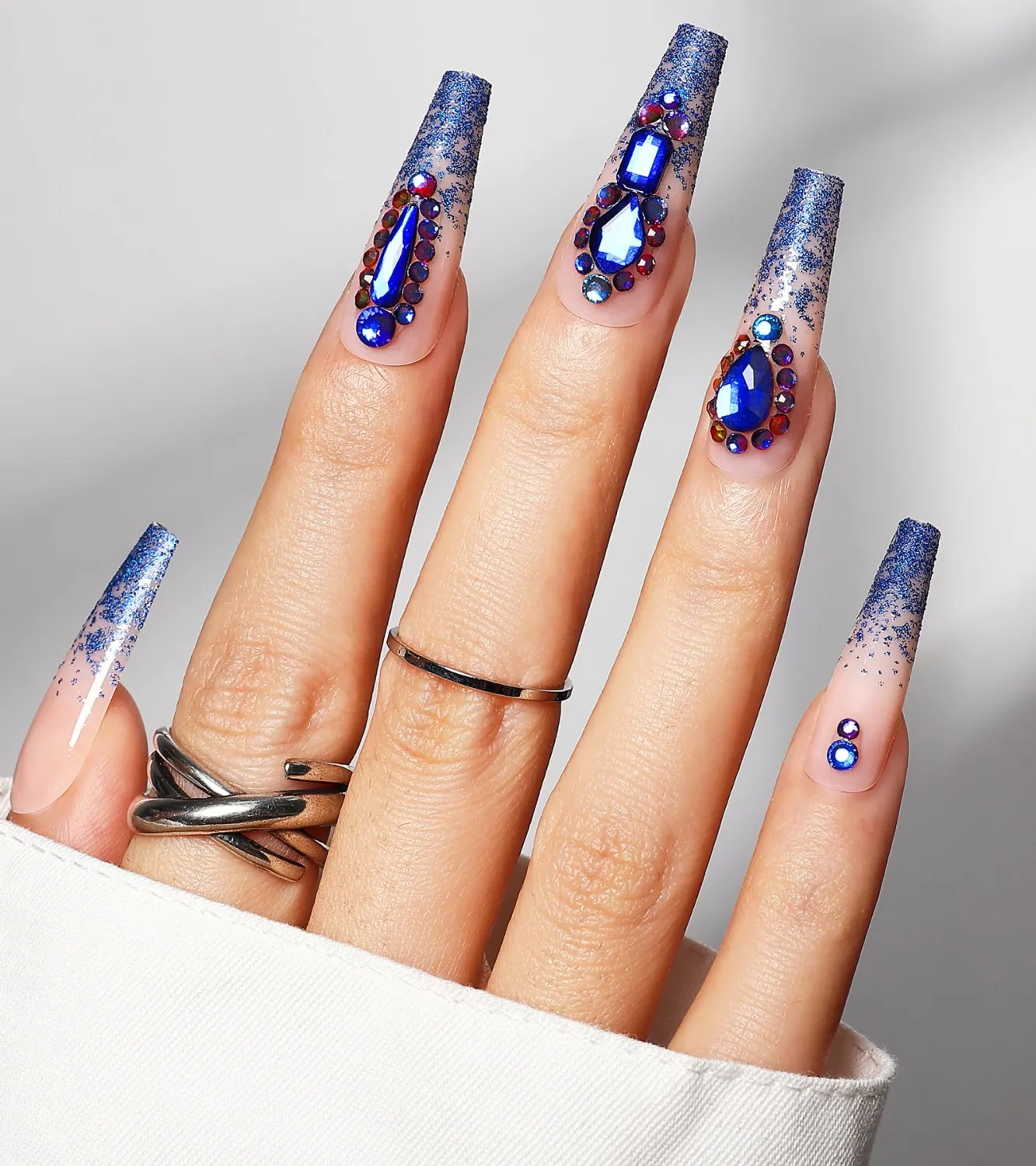 Blue Press On Nails - Long, Luxurious Glue On Nails with Gems, Semi-Transparent Nude Stick On Nails, Handmade Gel Fake Nails in 12 Sizes, 24PCS | Top Coat Added