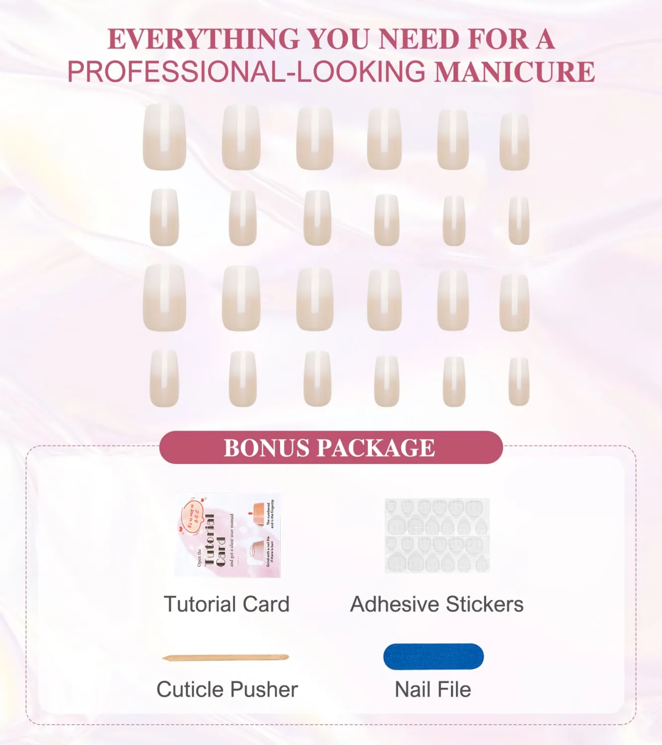 Sqaure Press On Nails Medium - Aegenacess Nude White Ombre Press on Nails, Stick On Nails for Women, Fake Nail with Jelly Stickers, Glue on Nails in 12 Sizes - 24 Nail Kit, Glazed Design