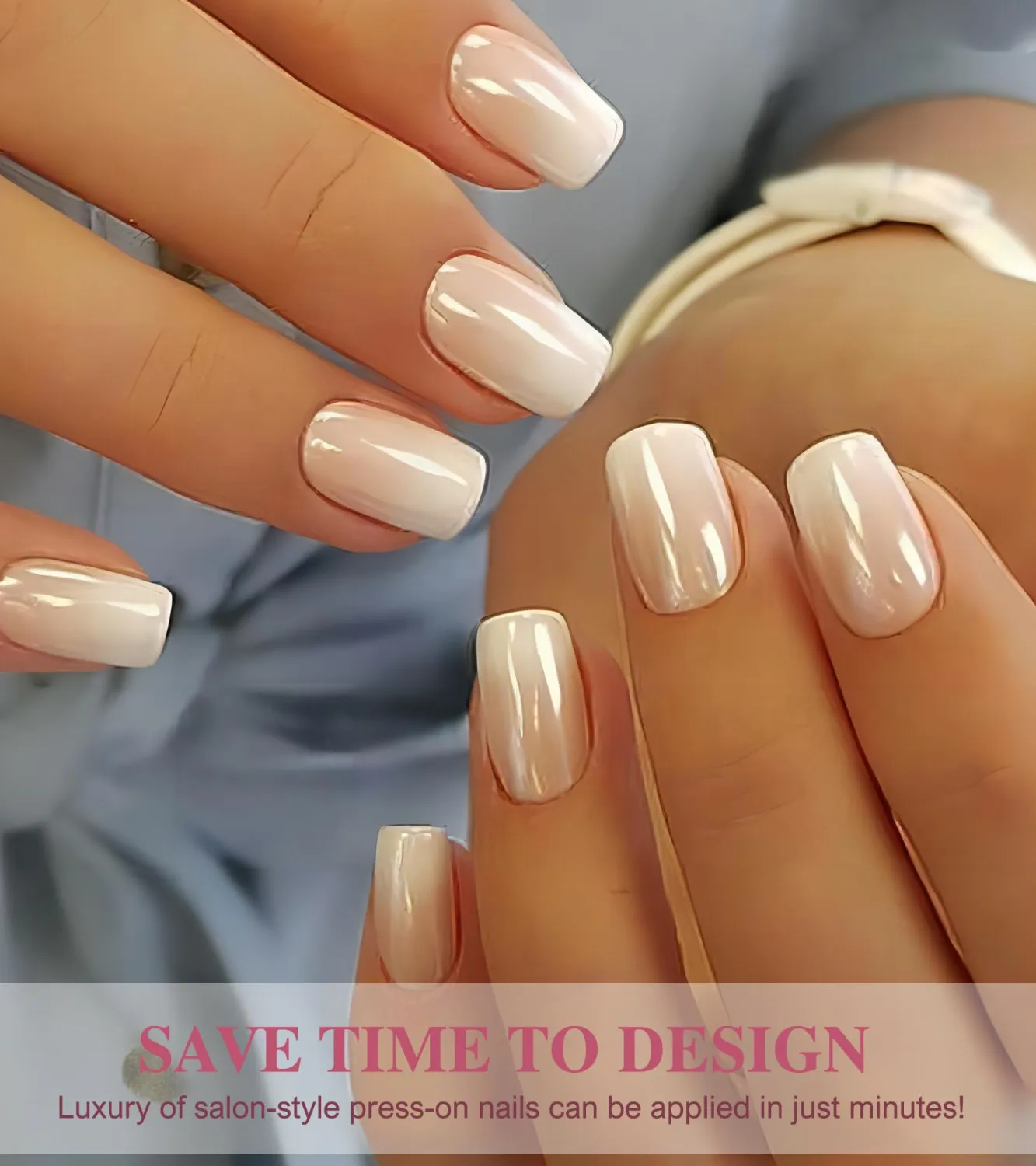 Sqaure Press On Nails Medium - Aegenacess Nude White Ombre Press on Nails, Stick On Nails for Women, Fake Nail with Jelly Stickers, Glue on Nails in 12 Sizes - 24 Nail Kit, Glazed Design