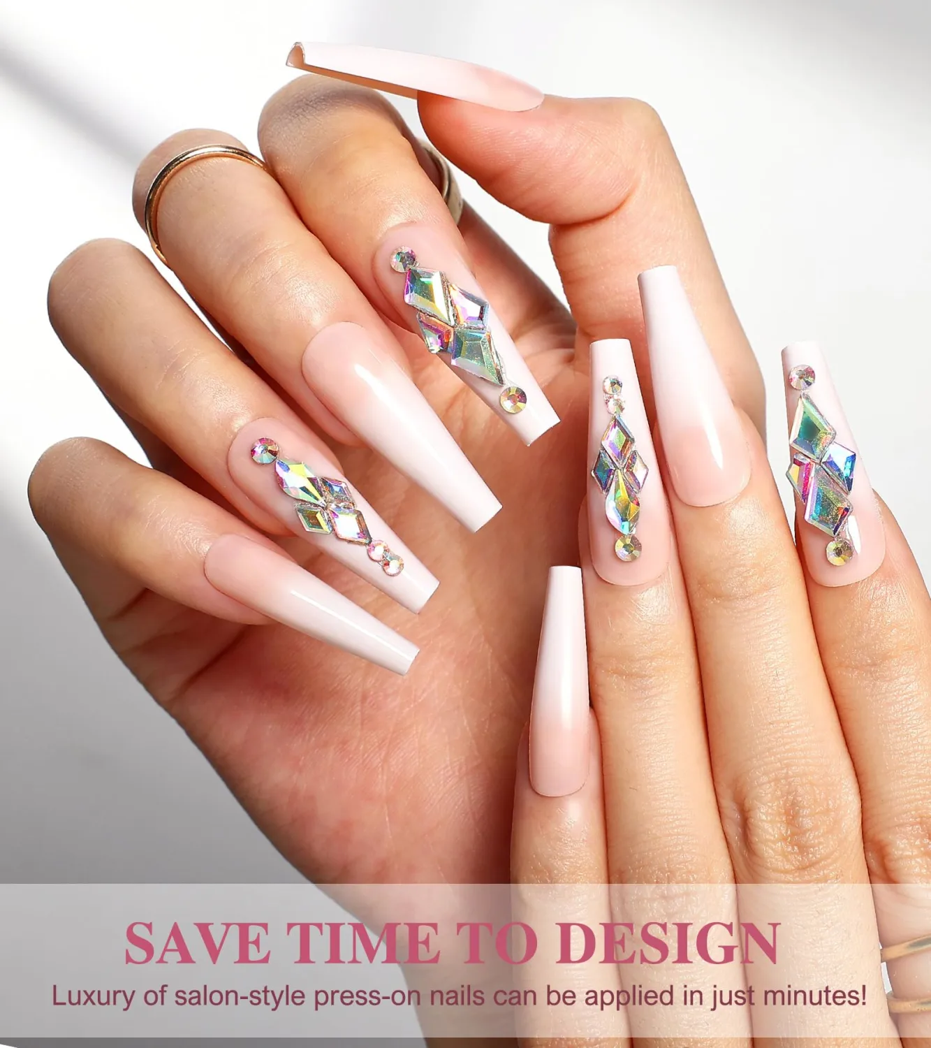 Ombre Press On Nails - Coffin, French Glue On Nails, Handmade Gel Stick On Nails with Rhinestones, 24Pcs Nude White Fake Nails in 12 Sizes | Top Coat Added
