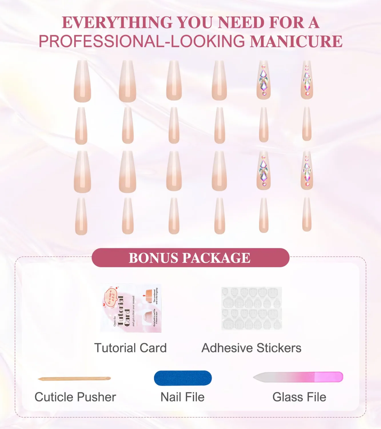 Ombre Press On Nails - Coffin, French Glue On Nails, Handmade Gel Stick On Nails with Rhinestones, 24Pcs Nude White Fake Nails in 12 Sizes | Top Coat Added