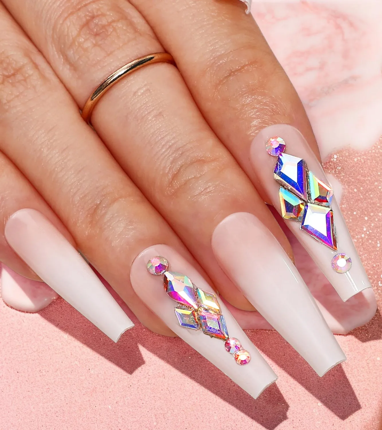 Ombre Press On Nails - Coffin, French Glue On Nails, Handmade Gel Stick On Nails with Rhinestones, 24Pcs Nude White Fake Nails in 12 Sizes | Top Coat Added