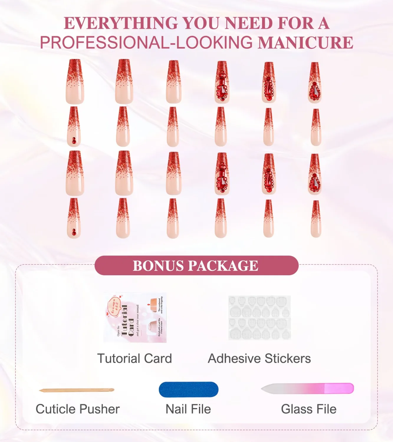 Press On Nails Coffin - Red, Nude Luxurious, Handmade Gel Stick On Nails with Gems, 24PCS in 12 Sizes, Top Coat Added