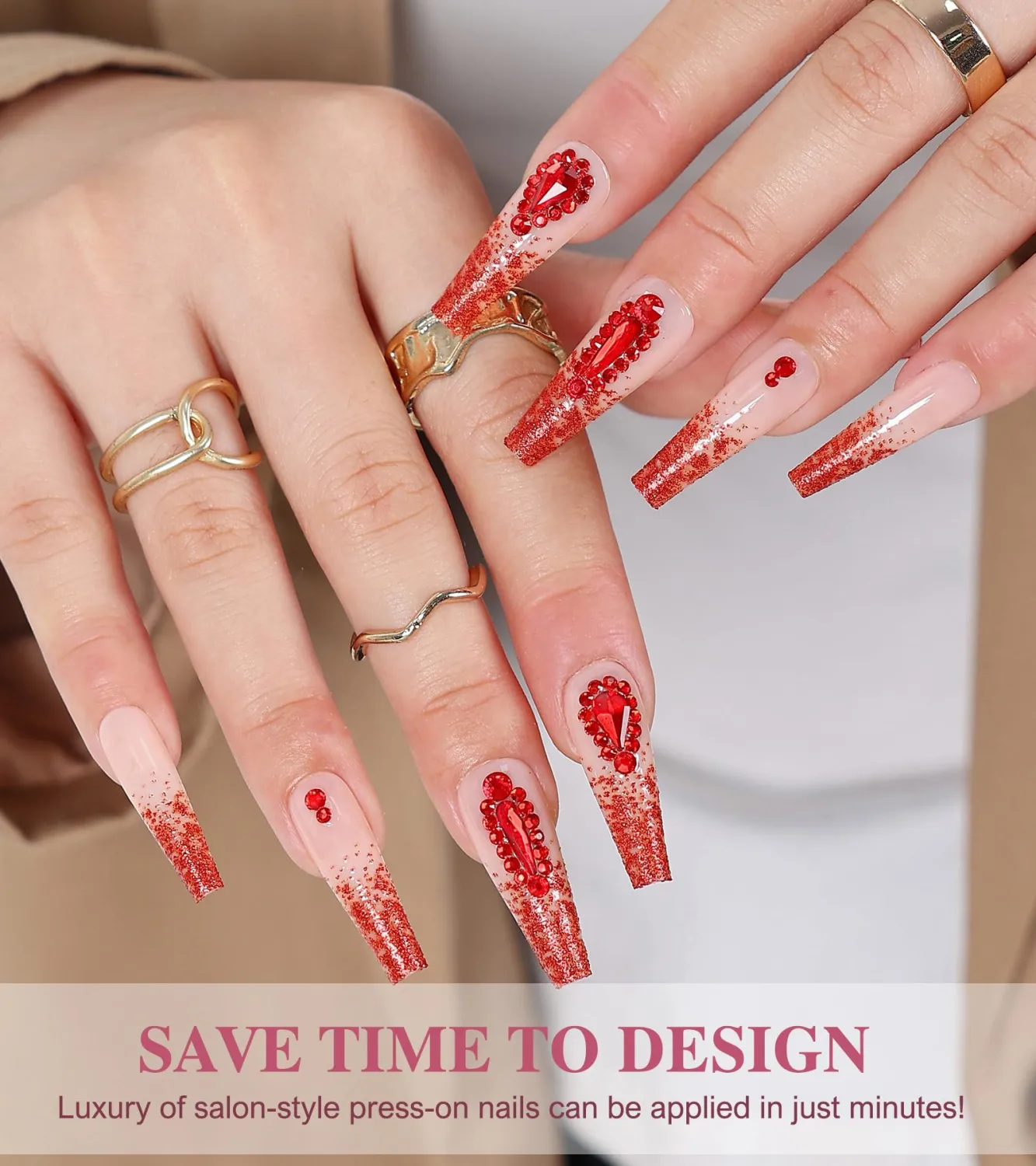 Press On Nails Coffin - Red, Nude Luxurious, Handmade Gel Stick On Nails with Gems, 24PCS in 12 Sizes, Top Coat Added