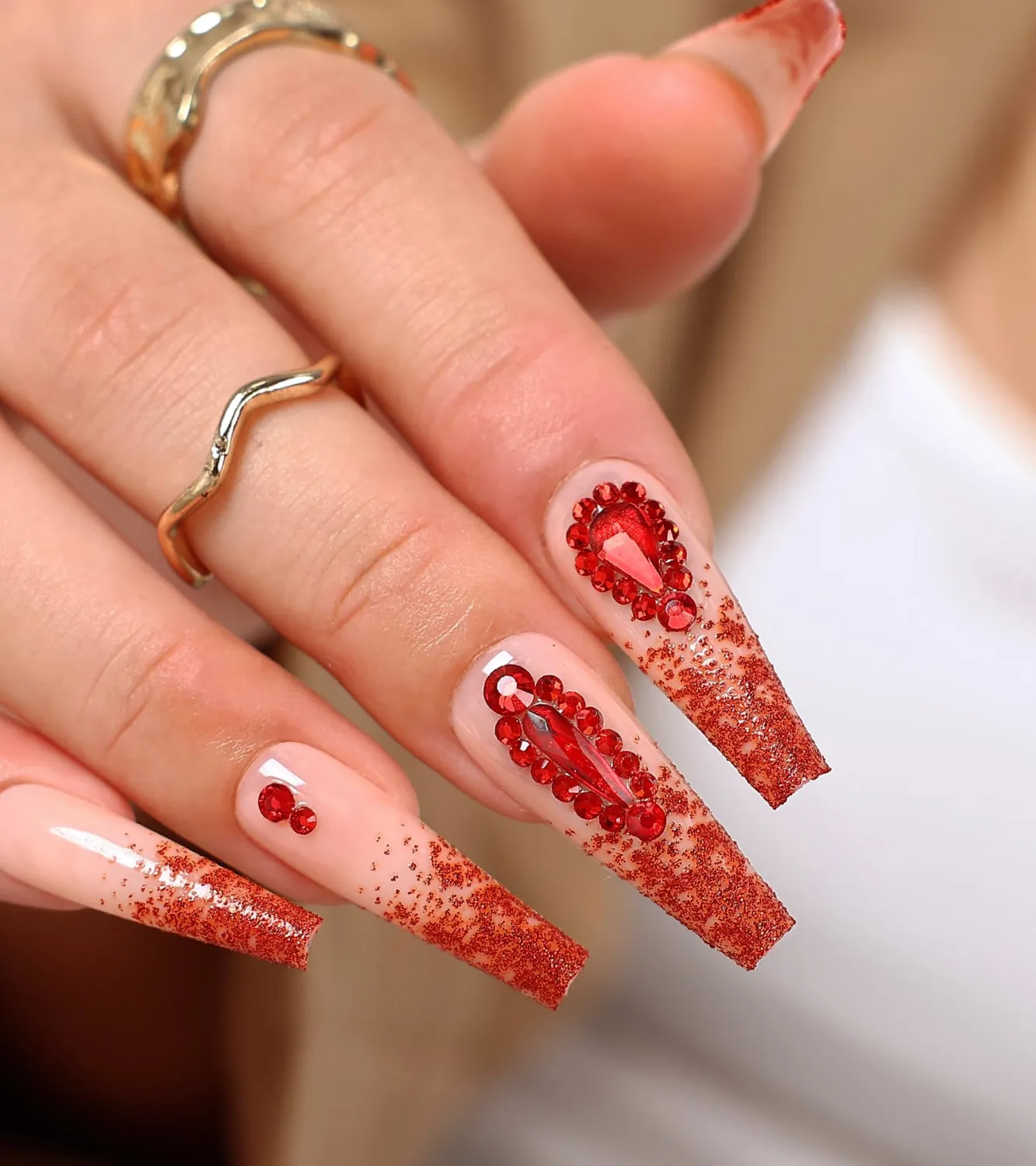 Press On Nails Coffin - Red, Nude Luxurious, Handmade Gel Stick On Nails with Gems, 24PCS in 12 Sizes, Top Coat Added