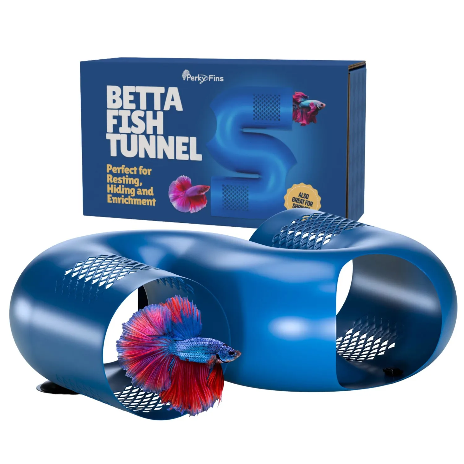 Betta Fish Tunnel Hideout Blue | Aquarium Cave & Tunnel Decor for Betta Fish, Shrimp & Small Fish | Fish Tank Decoration, Betta Tank Accessory & Enrichment Toy