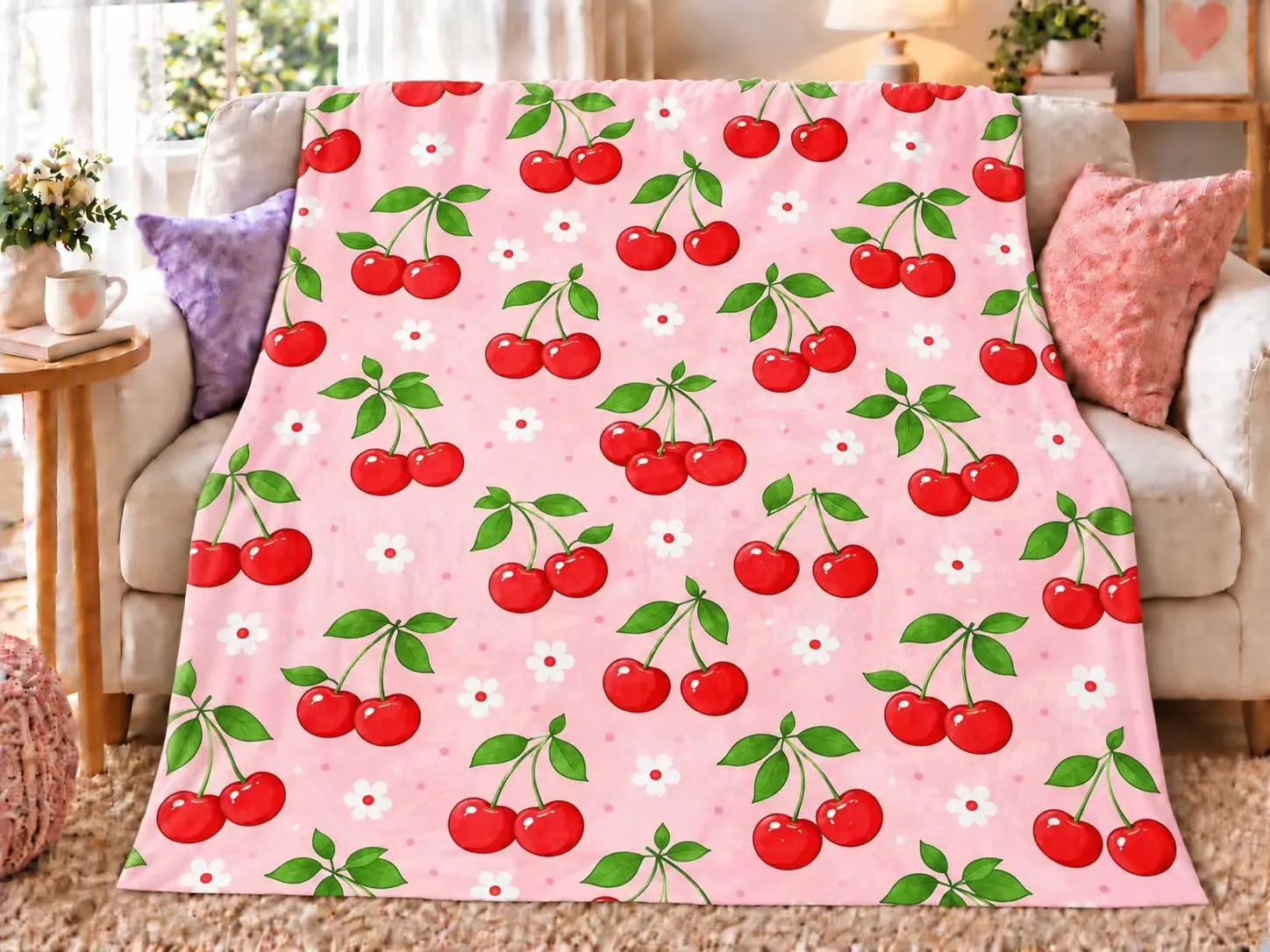 Cherry Blanket Gifts for Women Girls Men Boys – Soft Flannel Cherry Throw Blanket – Cozy Plush Fleece Cherrys Gifts for Bed Room Decor 80"x60"