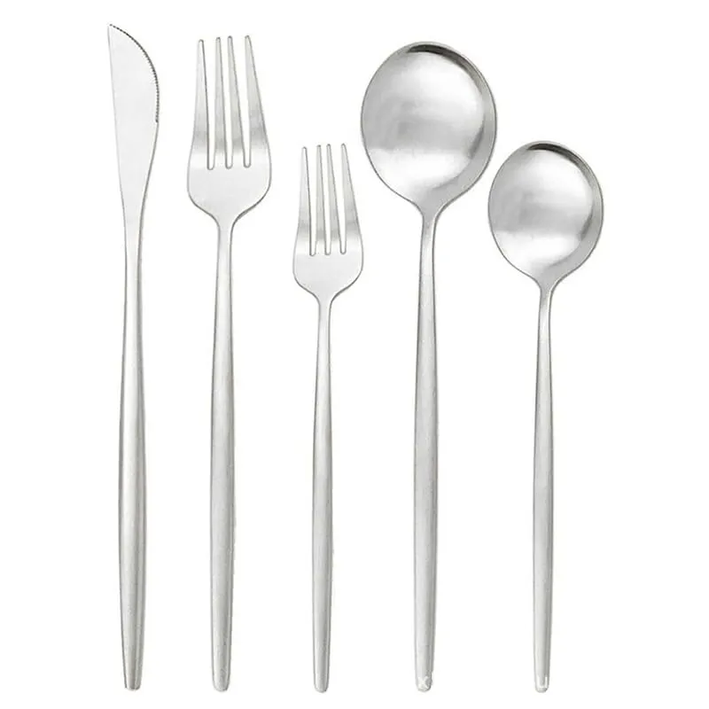 Silverware Flatware Cutlery Set, 5/20/30/40/50/60Pcs Champagne Gold Cutlery Set, Matte Dessert Fork Spoon(Silver,1Set-5Pcs)