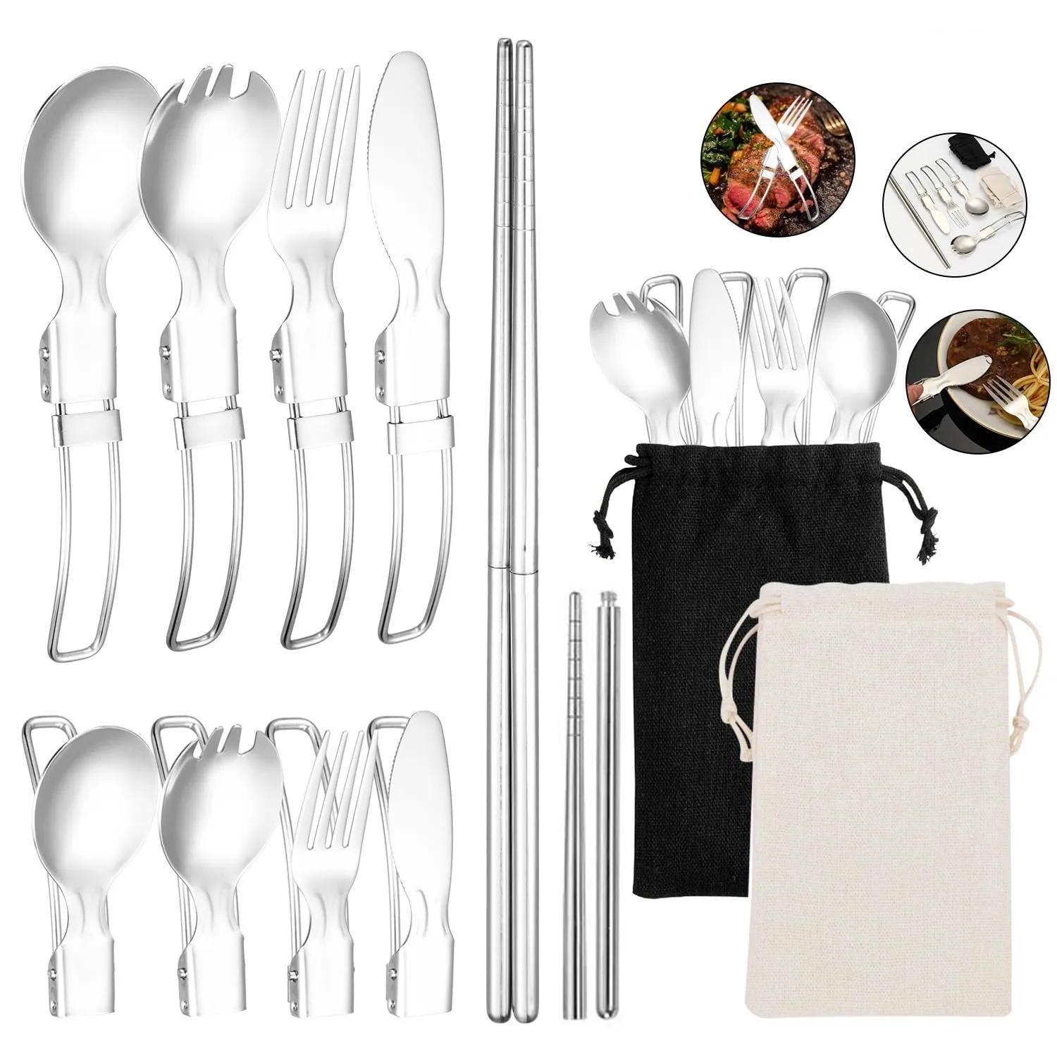 Silverware Flatware Cutlery Set, 2/8/12/16/20/24pcs 304 Stainless Steel Spoons And Chopsticks For Outdoor Picnic Storage Set Portable Tableware(White,2 Piece set for 1)