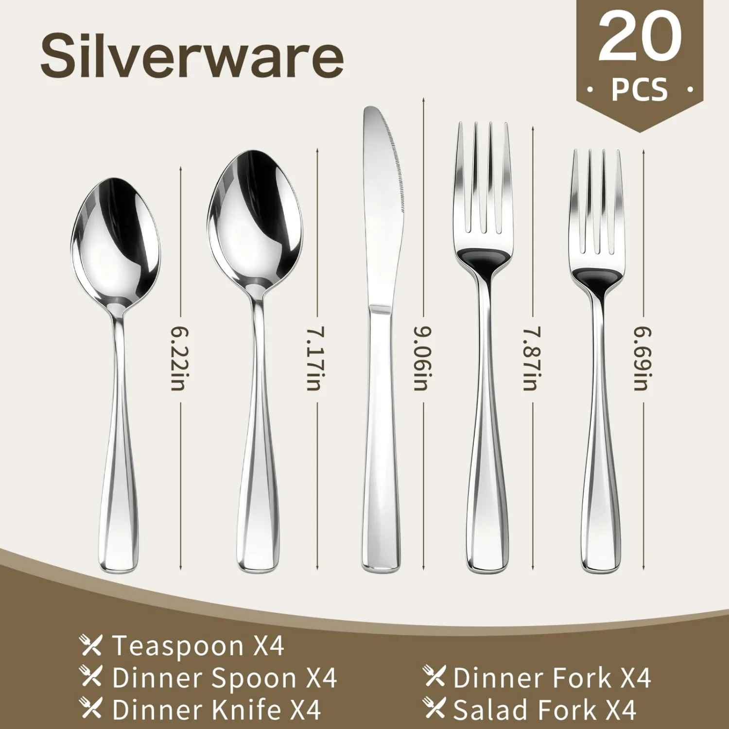 𝟒𝟎% 𝐎𝐅𝐅 20 Piece Silverware Set - Stainless Steel Silverware Set Service for 4 People, Mirror Polished Flatware Set for Daily Use in Home kitchens and Restaurants, Dishwasher Safe