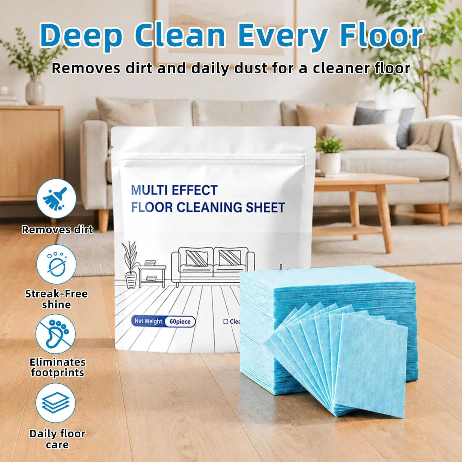 60 Pcs Multiple Effect Floor Cleaner, Floor Cleaning Sheets