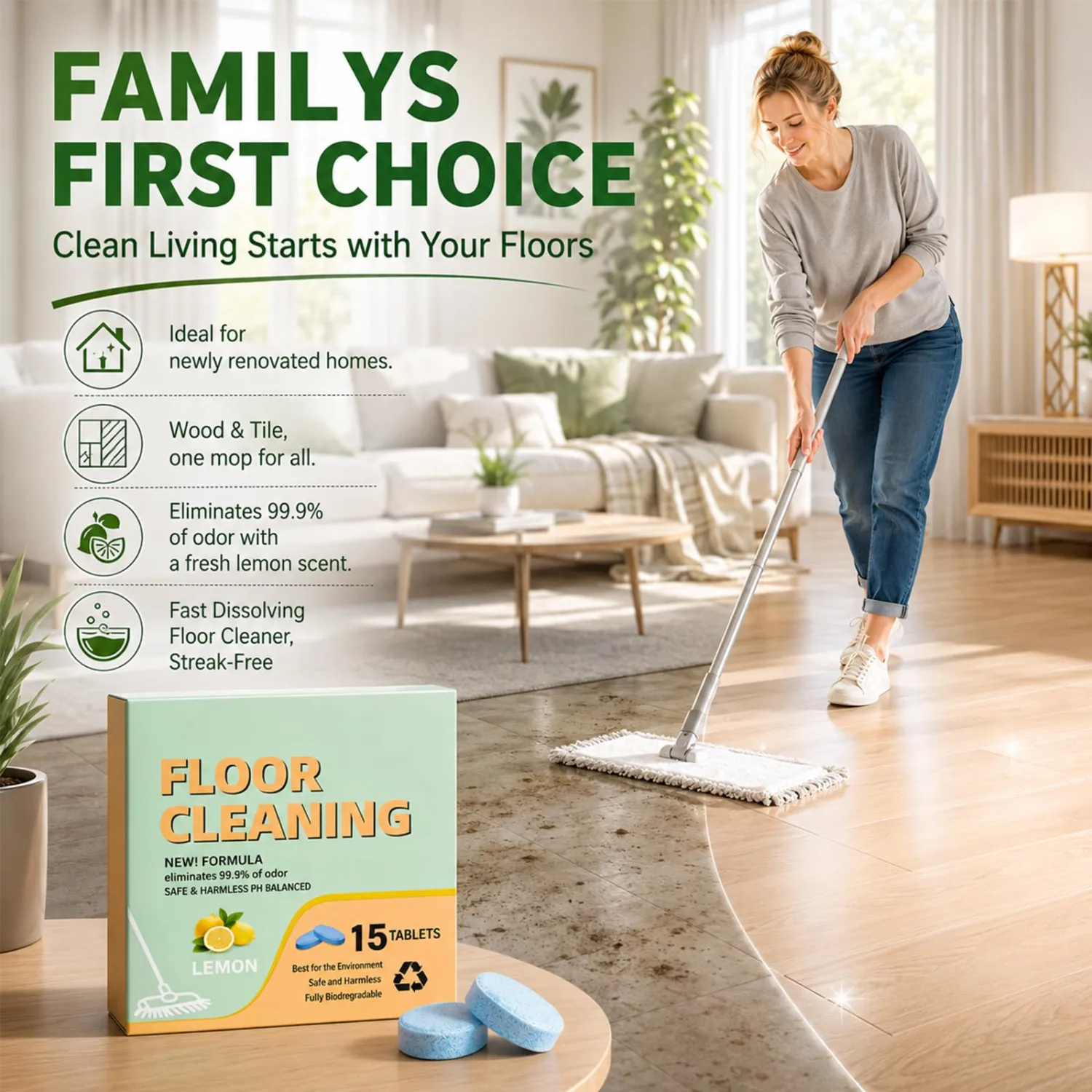 30Pcs Floor Cleaning Solution Tablets, Lemon Scent, Fast Dissolving Floor Cleaner for Tile, Vinyl, Laminate & Hardwood Floors, Safe for Mopping Robot Vacuums and Cordless Wet/Dry Vacuum Mop Cleaners