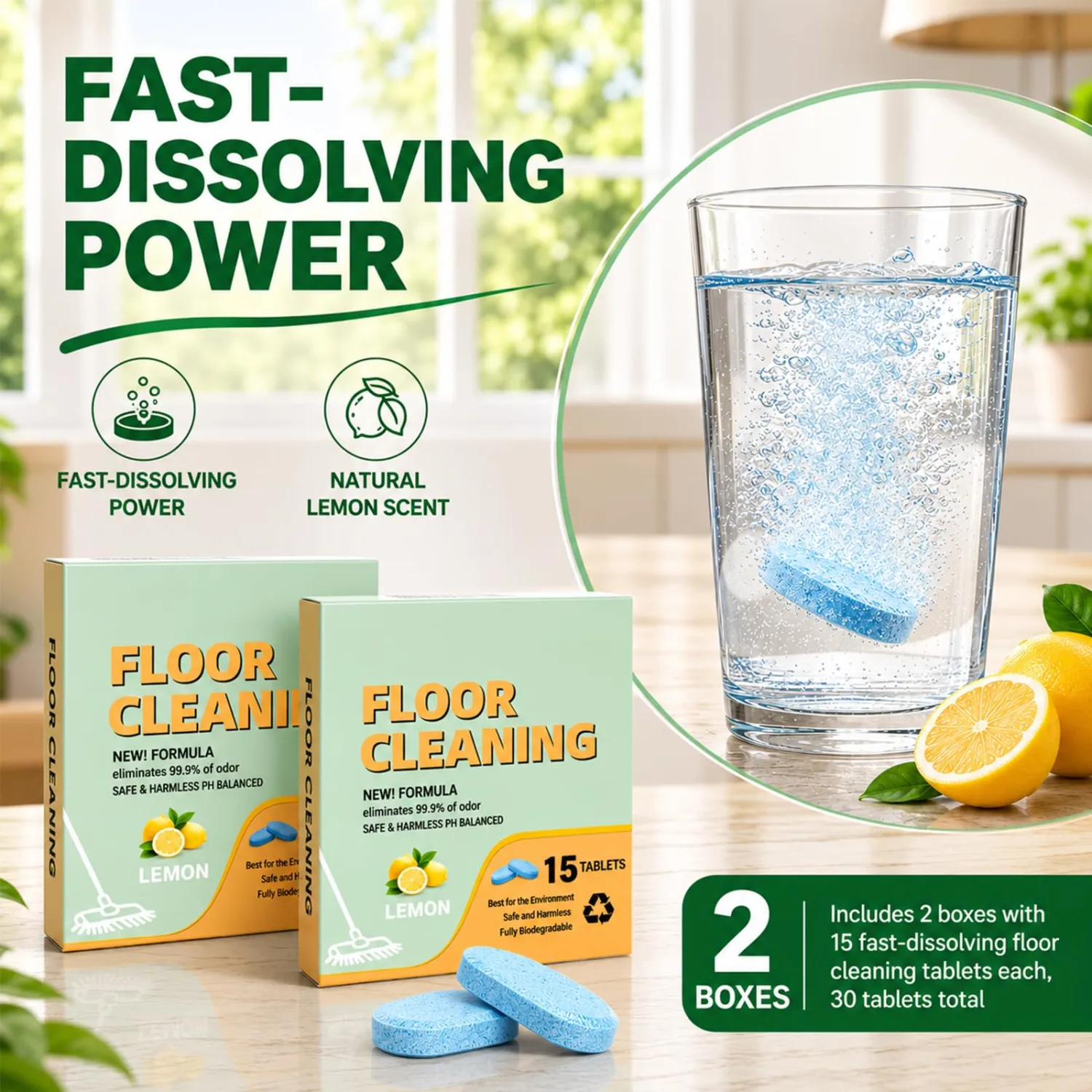 30Pcs Floor Cleaning Solution Tablets, Lemon Scent, Fast Dissolving Floor Cleaner for Tile, Vinyl, Laminate & Hardwood Floors, Safe for Mopping Robot Vacuums and Cordless Wet/Dry Vacuum Mop Cleaners
