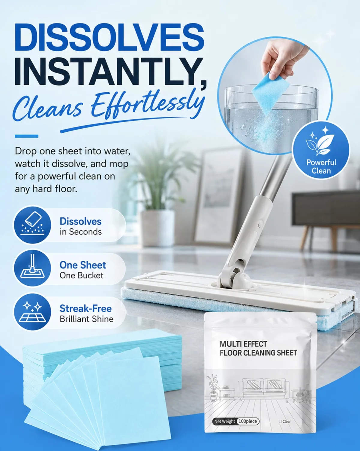 Multi-Effect Floor Cleaner Tablets,100 Pcs Multi-Surface Floor Cleaning Tablets,Stain Remover Sheets for Hardwood,Tile,Laminate & More