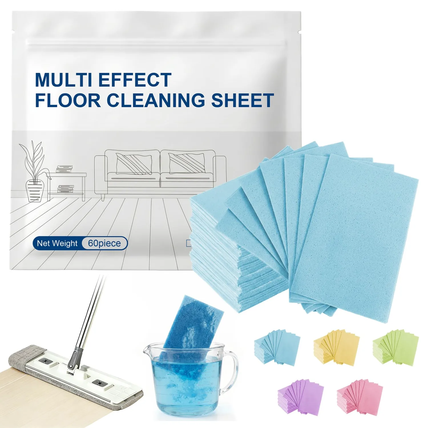 60 Pcs 2026 New Floor Cleaning Tablets, Multi-Effect Floor Mopping Sheets Wood Cleaner Tablets for Hardwood, Tile, Vinyl & Laminate, Streak-Free & Residue-Free Formula, Fresh Jasmine Scent