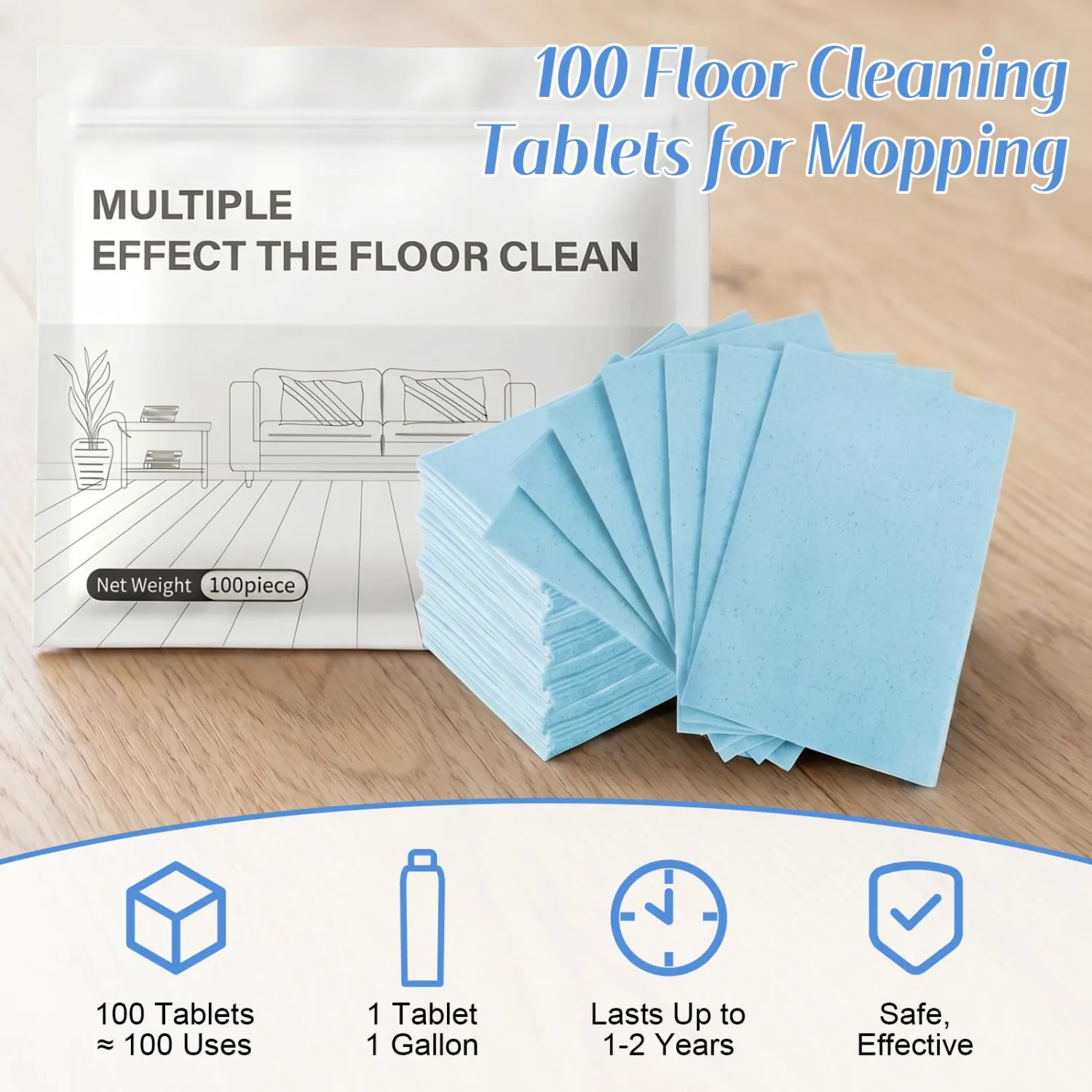 60 Pcs 2026 New Floor Cleaning Tablets, Multi-Effect Floor Mopping Sheets Wood Cleaner Tablets for Hardwood, Tile, Vinyl & Laminate, Streak-Free & Residue-Free Formula, Fresh Jasmine Scent