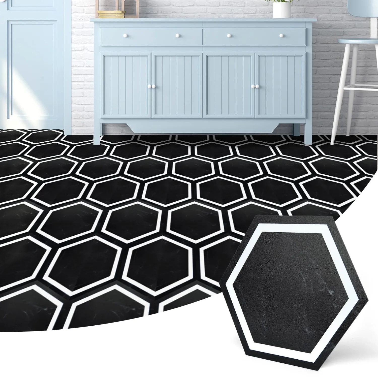 Art3d 10-Pack Hexagon Peel and Stick Floor Tiles, Black Marble