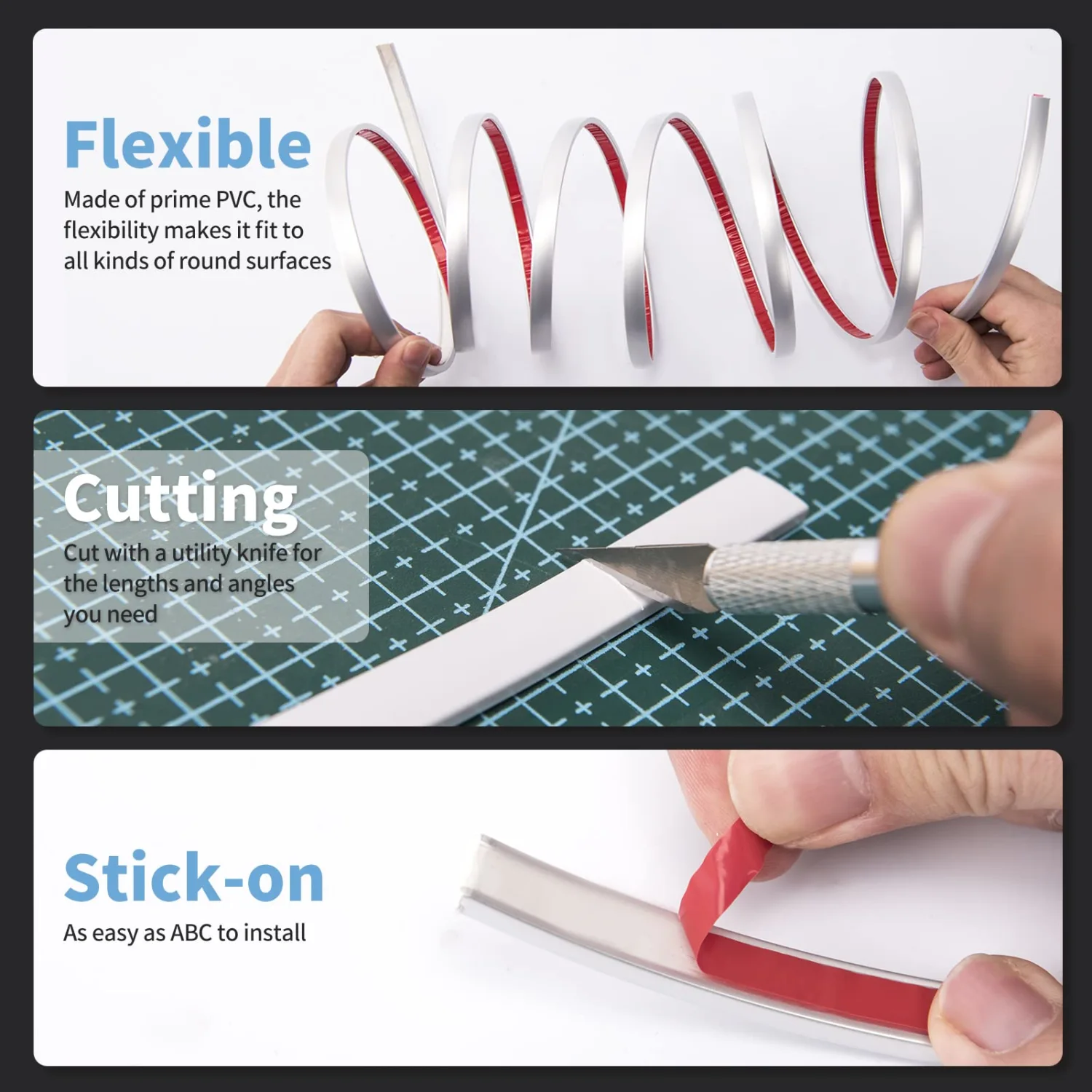 Art3d 10 ft Peel and Stick Flexible Molding Trim for Wall Tile Edge, Silver