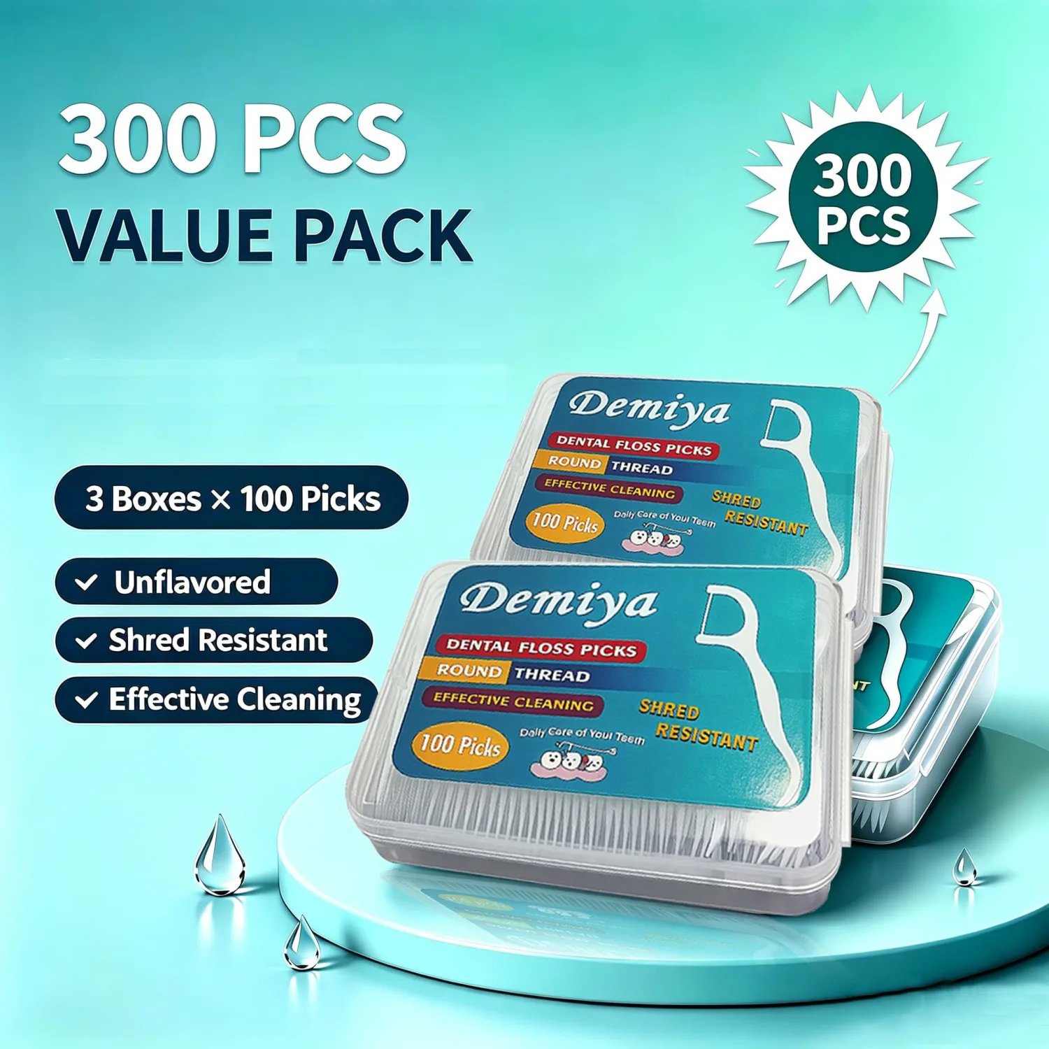 Demiya Dental Floss Picks 300 Count, Unflavored Toothpicks Flossers