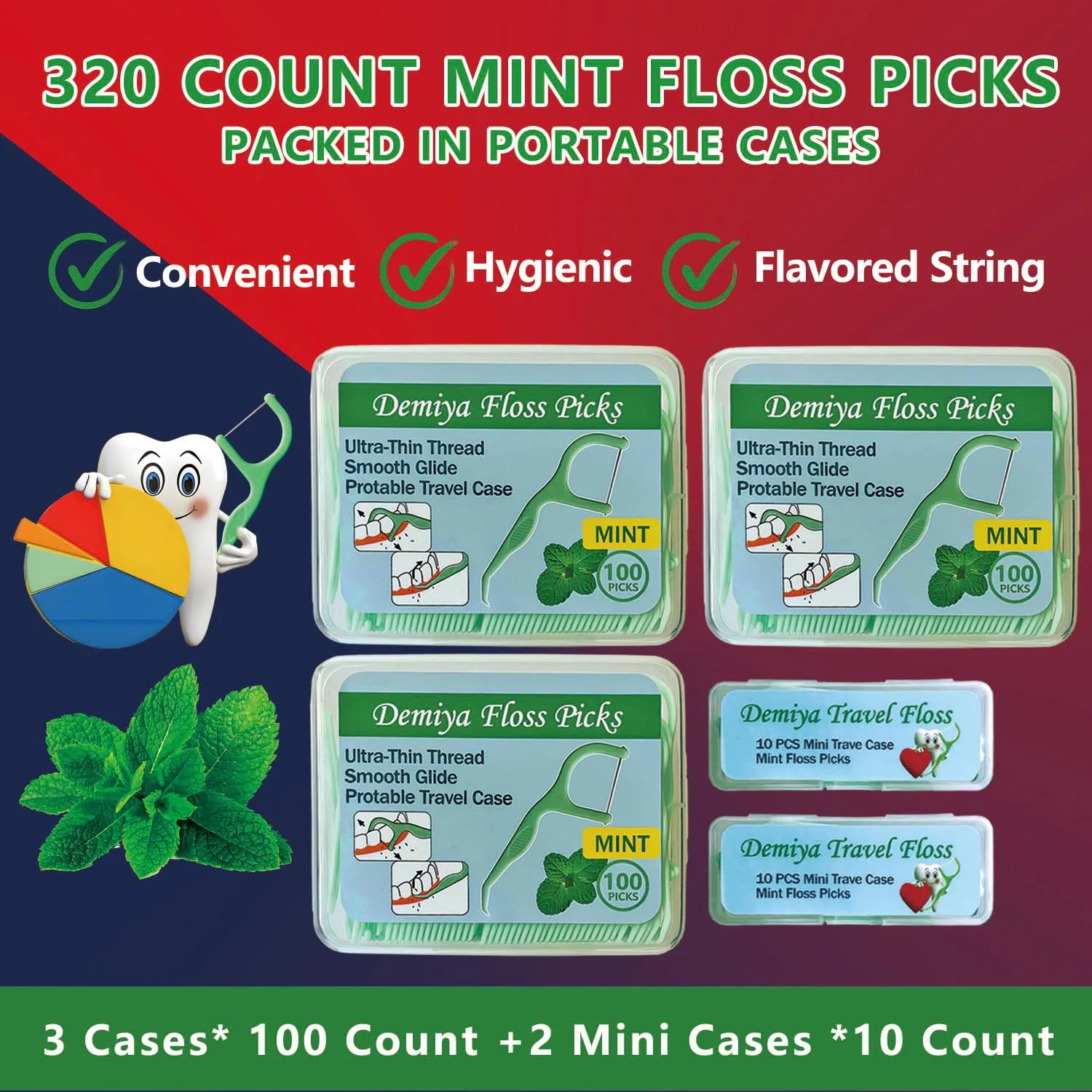 Demiya Mint Dental Floss Picks,320 Counts Floss Picks with 5 Portable Cases