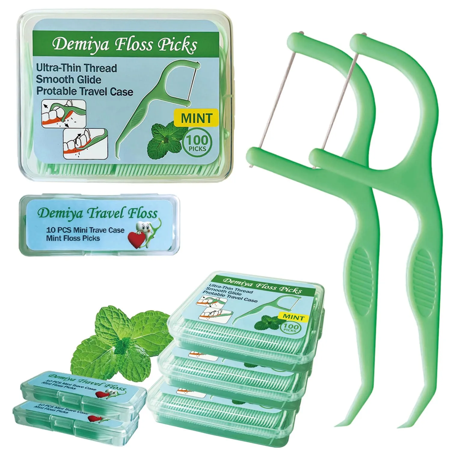 Demiya Mint Dental Floss Picks,320 Counts Floss Picks with 5 Portable Cases