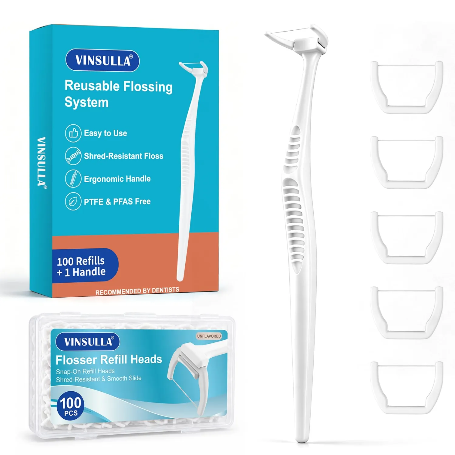 VINSULLA Reusable Flosser Kit, 1 Handle & 100 Refill Heads