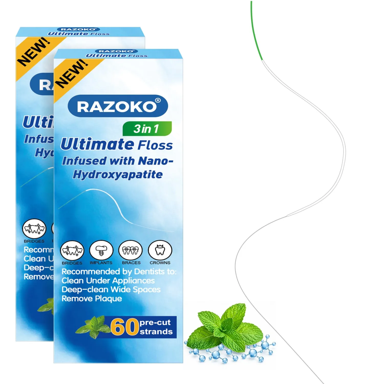 RAZOKO 3-in-1 Threader Floss for Braces with Hydroxyapatite