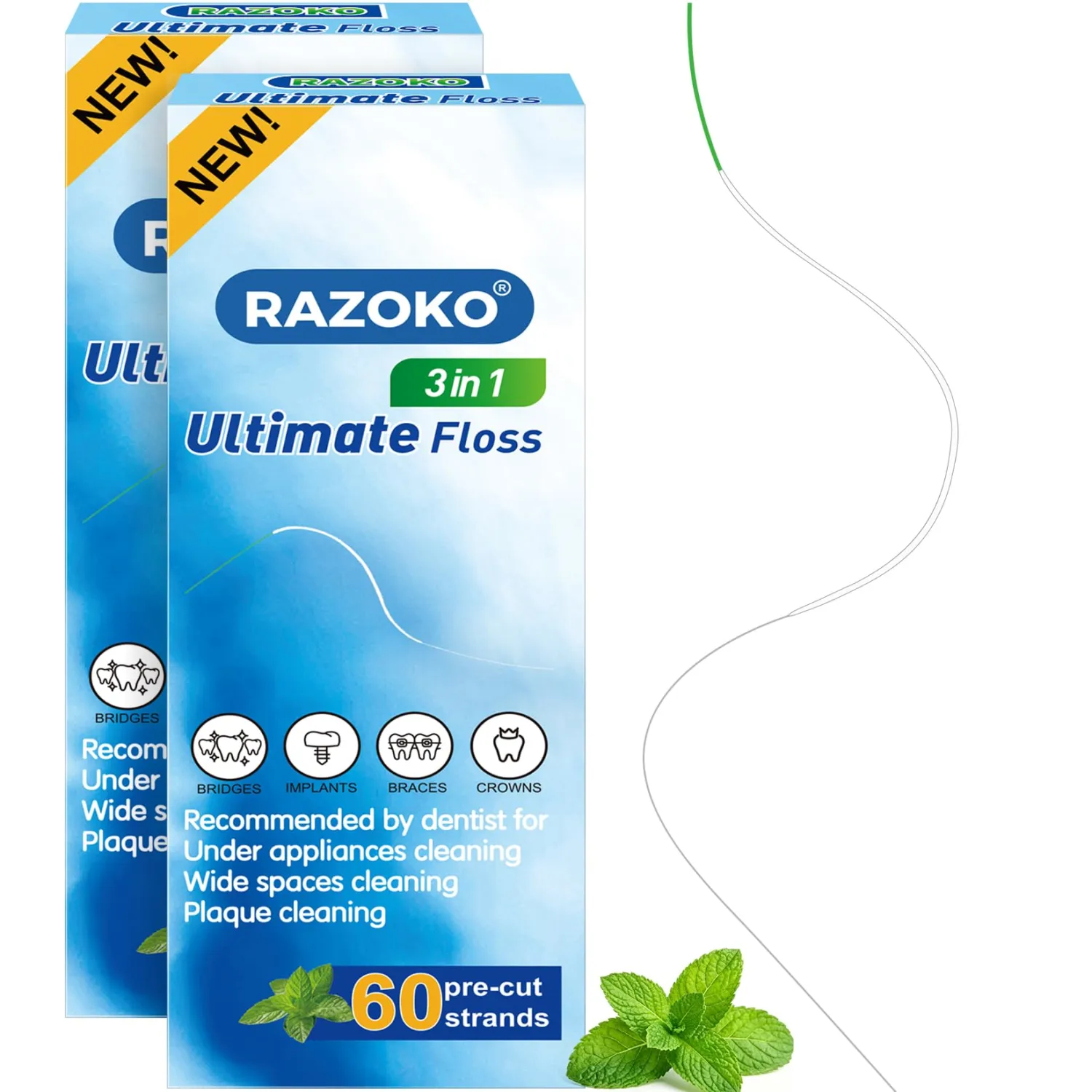 RAZOKO 3-in-1 Floss for Braces and Bridges, 120 Pre-Cut Strands