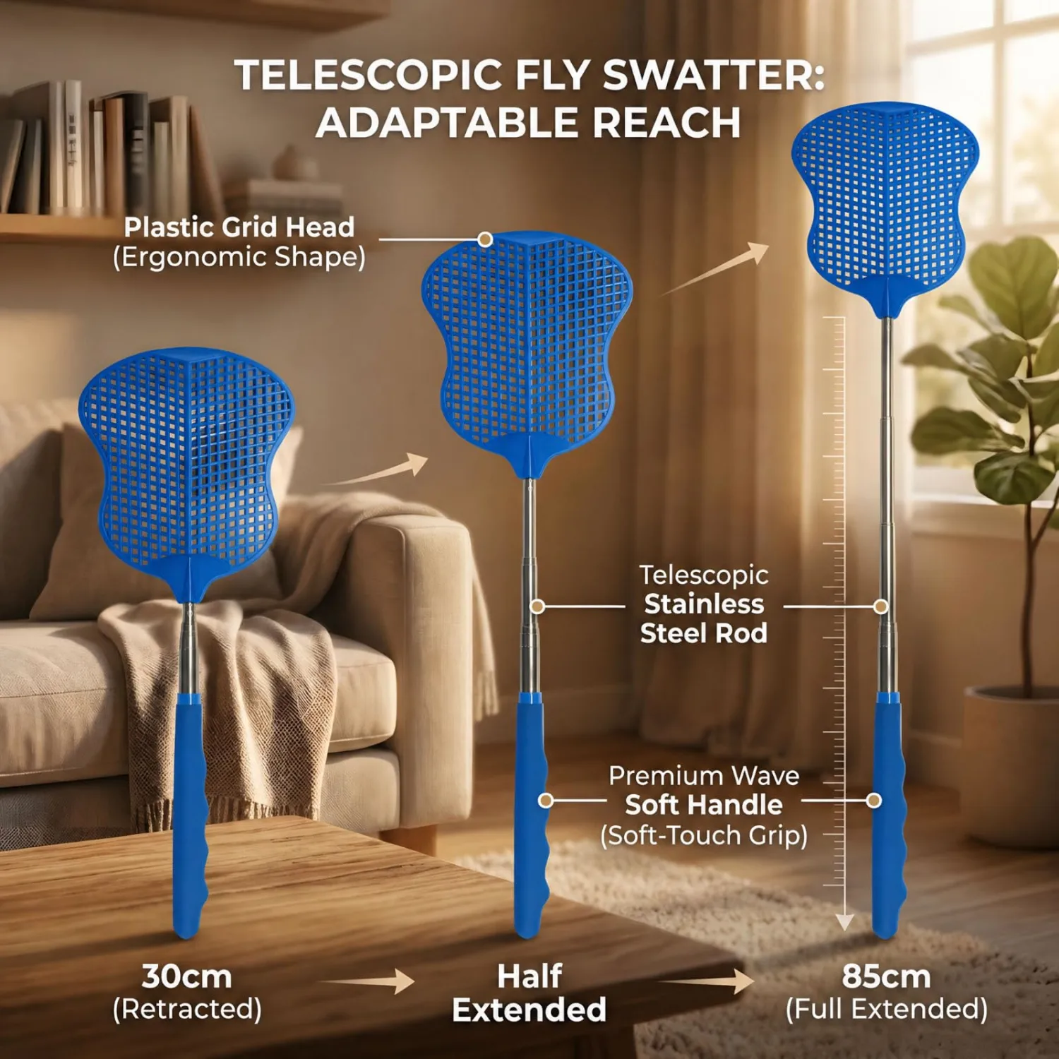 MYSTICHOME Fly Swatter 1 PCS, Durable Heavy Duty Plastic Fly Swatters, Stainless Steel Telescopic FlySwatter for Indoors/Outdoor/Kitchen/Garden (Blue)