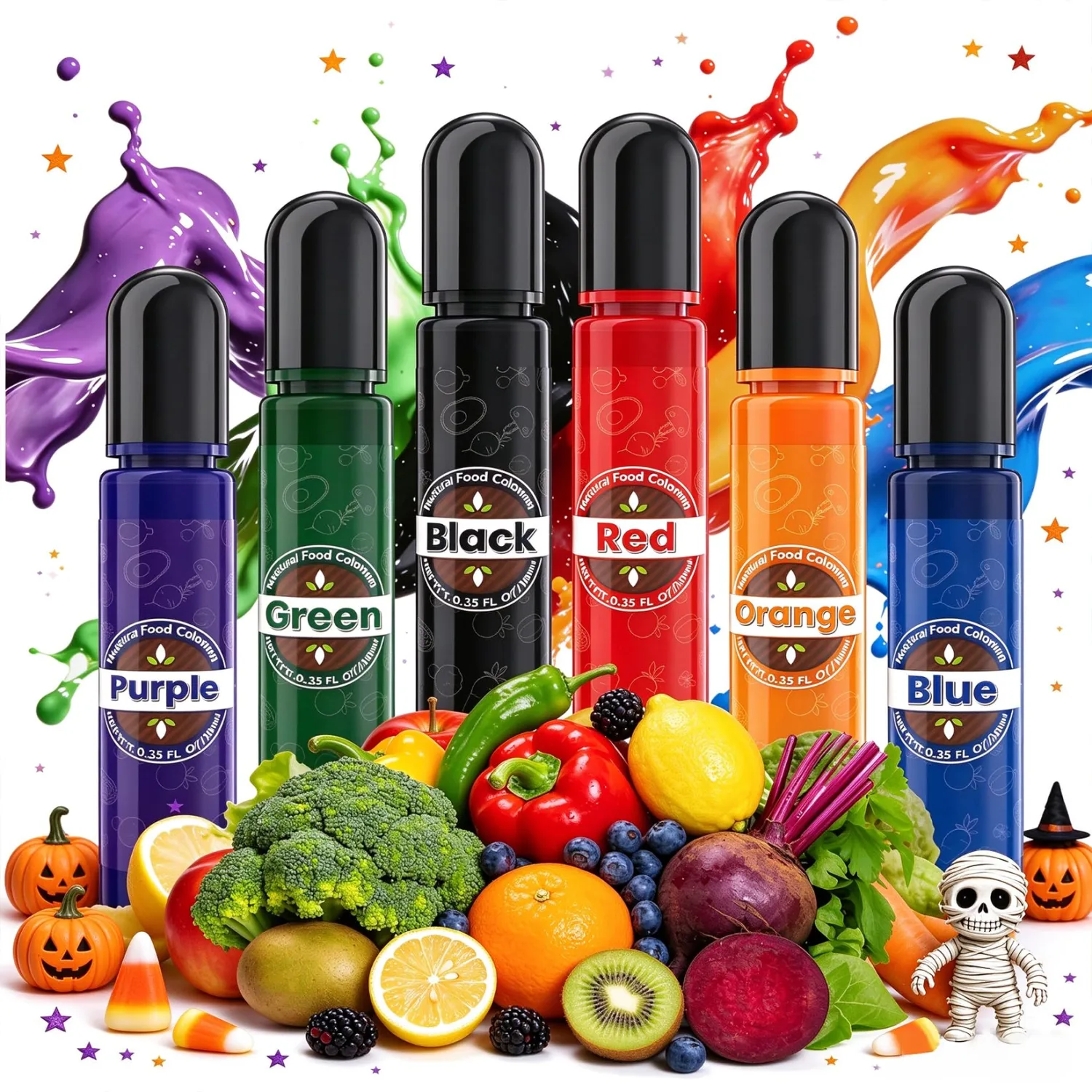 Natural Food Coloring 6 Colors x 10ml, FD&C & Artificial Dye Free Food Coloring Liquid Set, Natural Ingredients Edible Paint for Baking, Cake Decorations, Frosting, Fondant, Stable Color Performance, Easy to Color